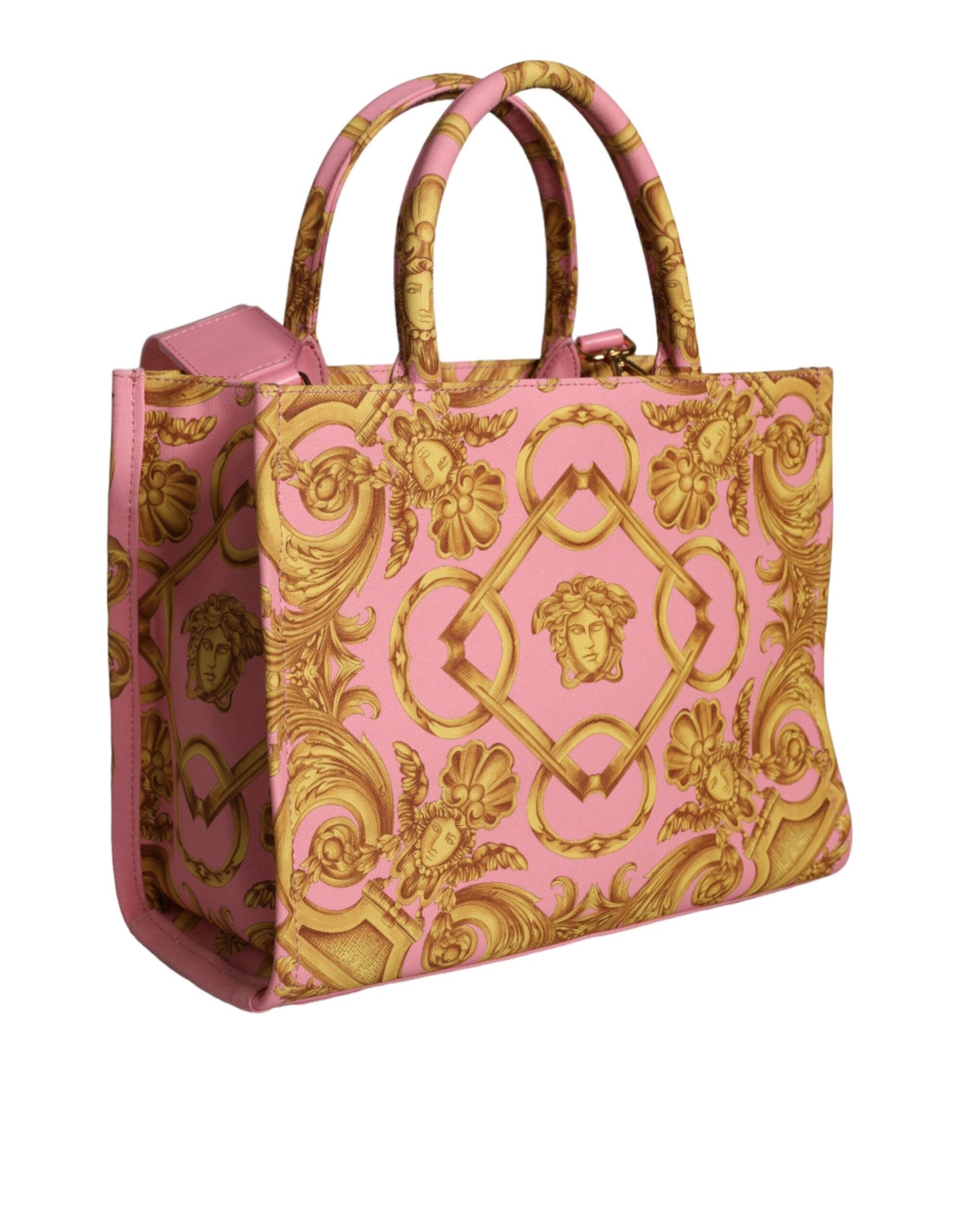 Fashionsarah.com Fashionsarah.com Versace Pink Yellow Baroque Fabric Leather Shopping Tote Bag