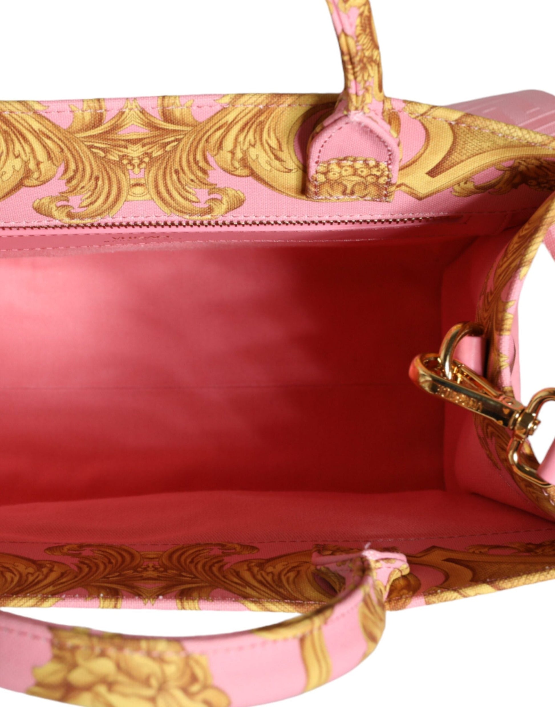 Fashionsarah.com Fashionsarah.com Versace Pink Yellow Baroque Fabric Leather Shopping Tote Bag