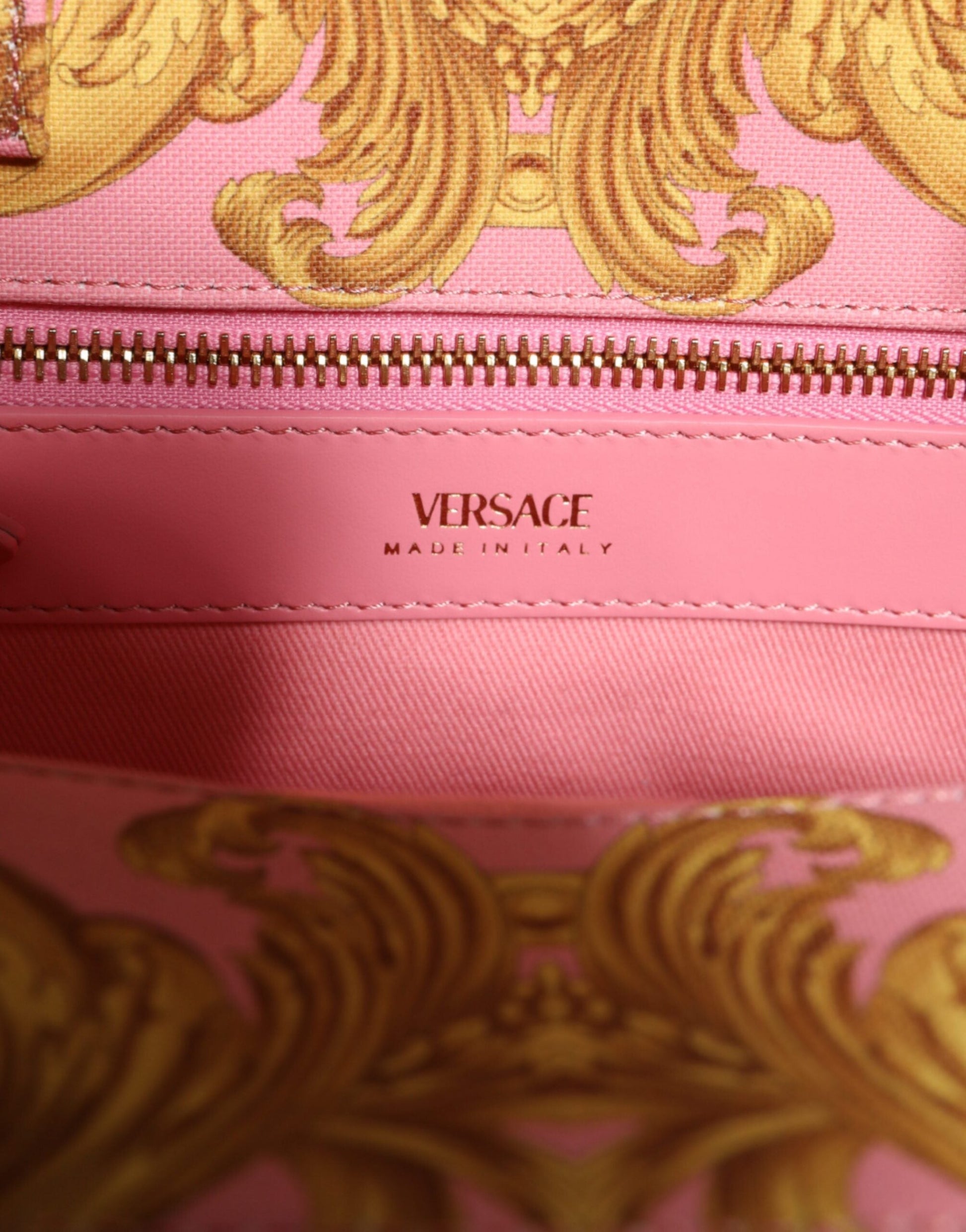 Fashionsarah.com Fashionsarah.com Versace Pink Yellow Baroque Fabric Leather Shopping Tote Bag