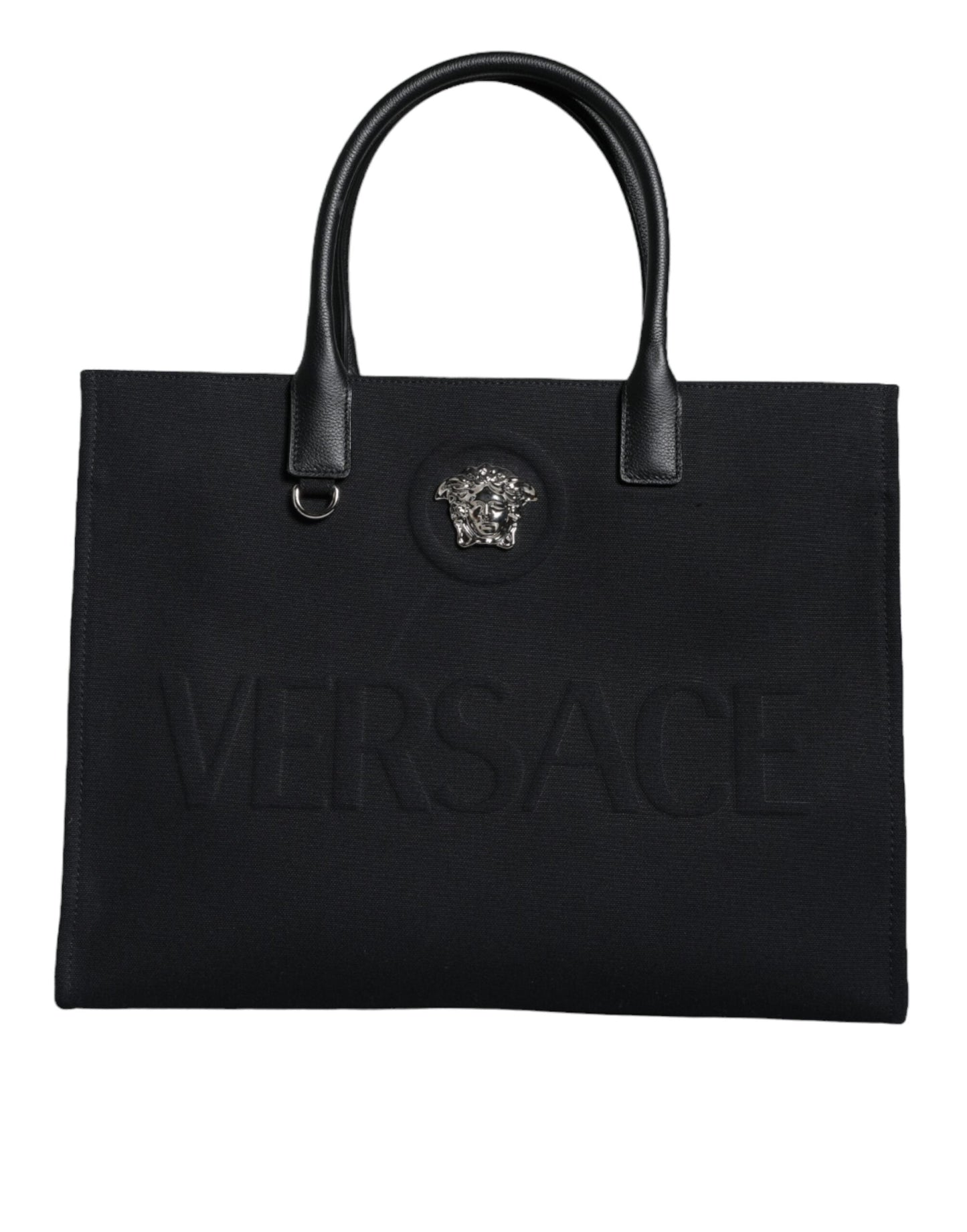 Fashionsarah.com Fashionsarah.com Versace Black Top Handle Canvas Leather Logo Shopping Tote Bag