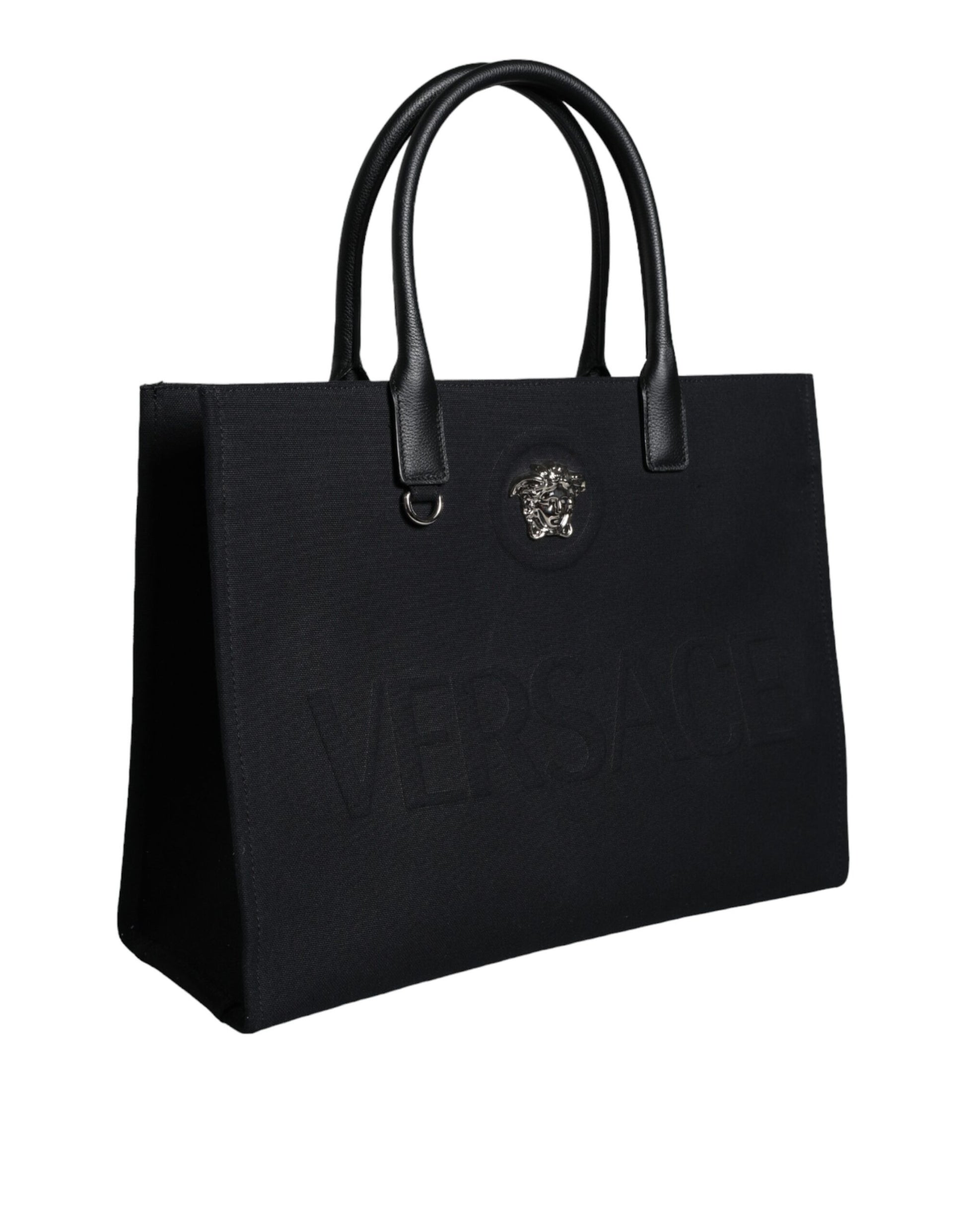 Fashionsarah.com Fashionsarah.com Versace Black Top Handle Canvas Leather Logo Shopping Tote Bag