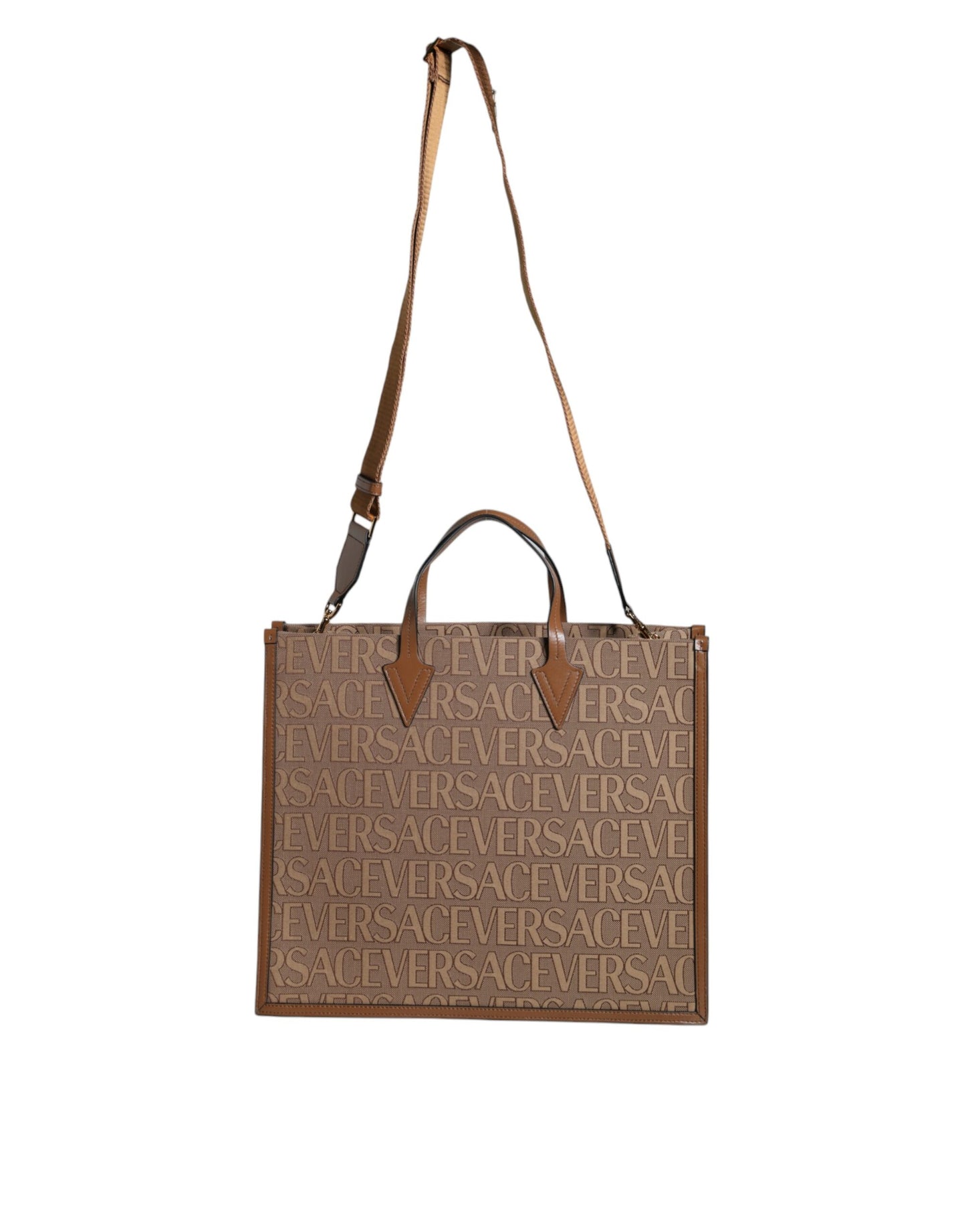 Versace Brown Top Handle Jacquard Leather Logo Crossbody Tote Bag | Fashionsarah.com