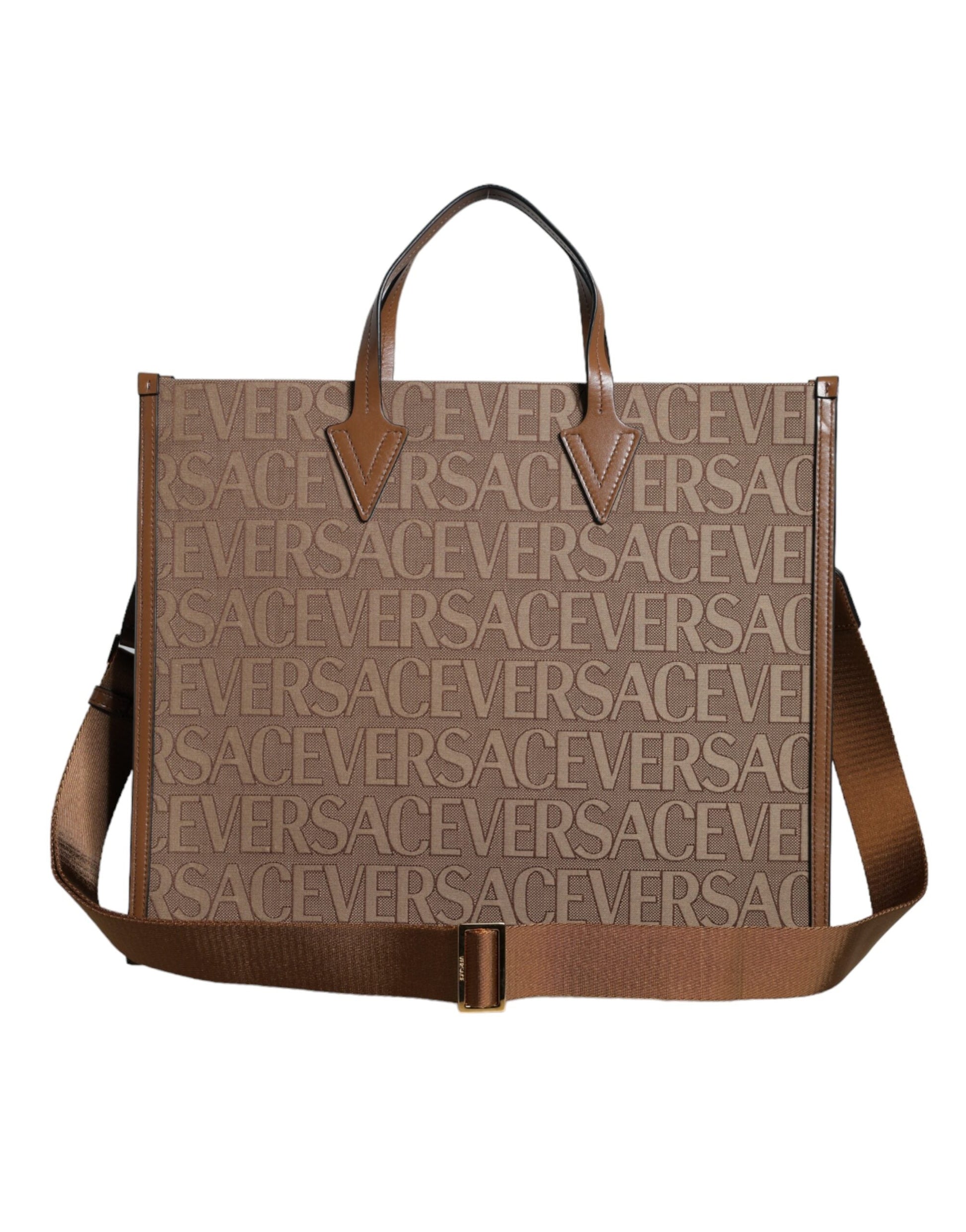 Versace Brown Top Handle Jacquard Leather Logo Crossbody Tote Bag | Fashionsarah.com