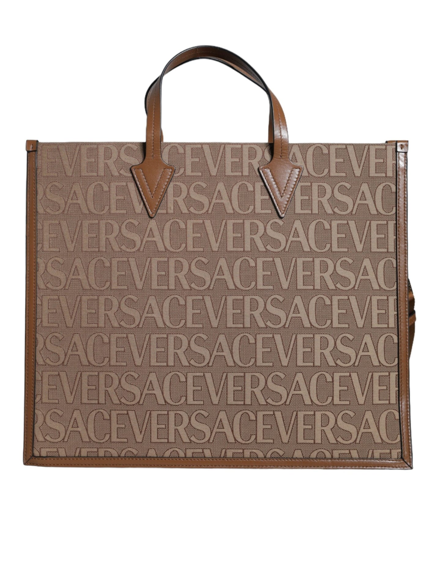 Versace Brown Top Handle Jacquard Leather Logo Crossbody Tote Bag | Fashionsarah.com