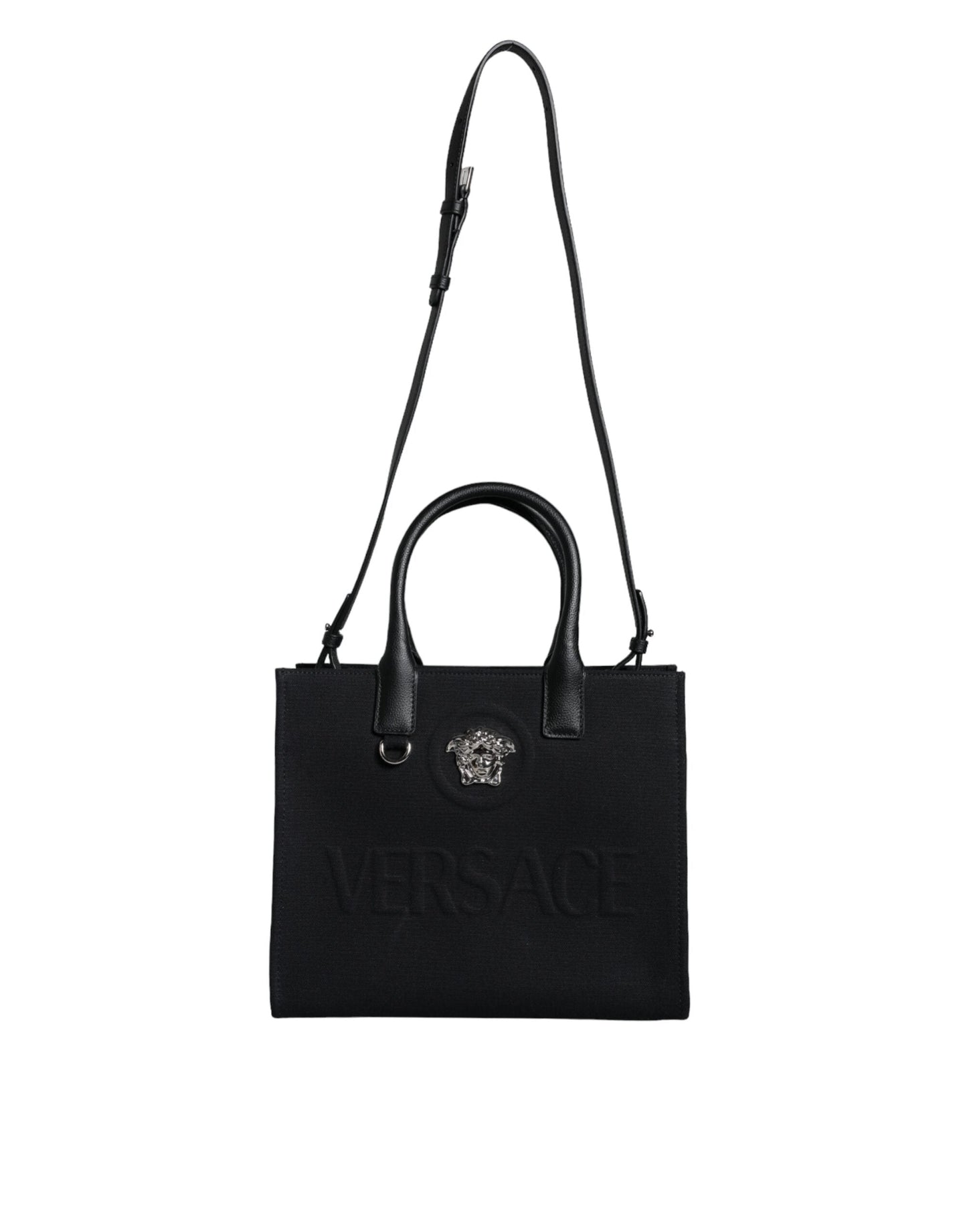 Fashionsarah.com Fashionsarah.com Versace Black Top Handle Canvas Leather Logo Crossbody Tote Bag