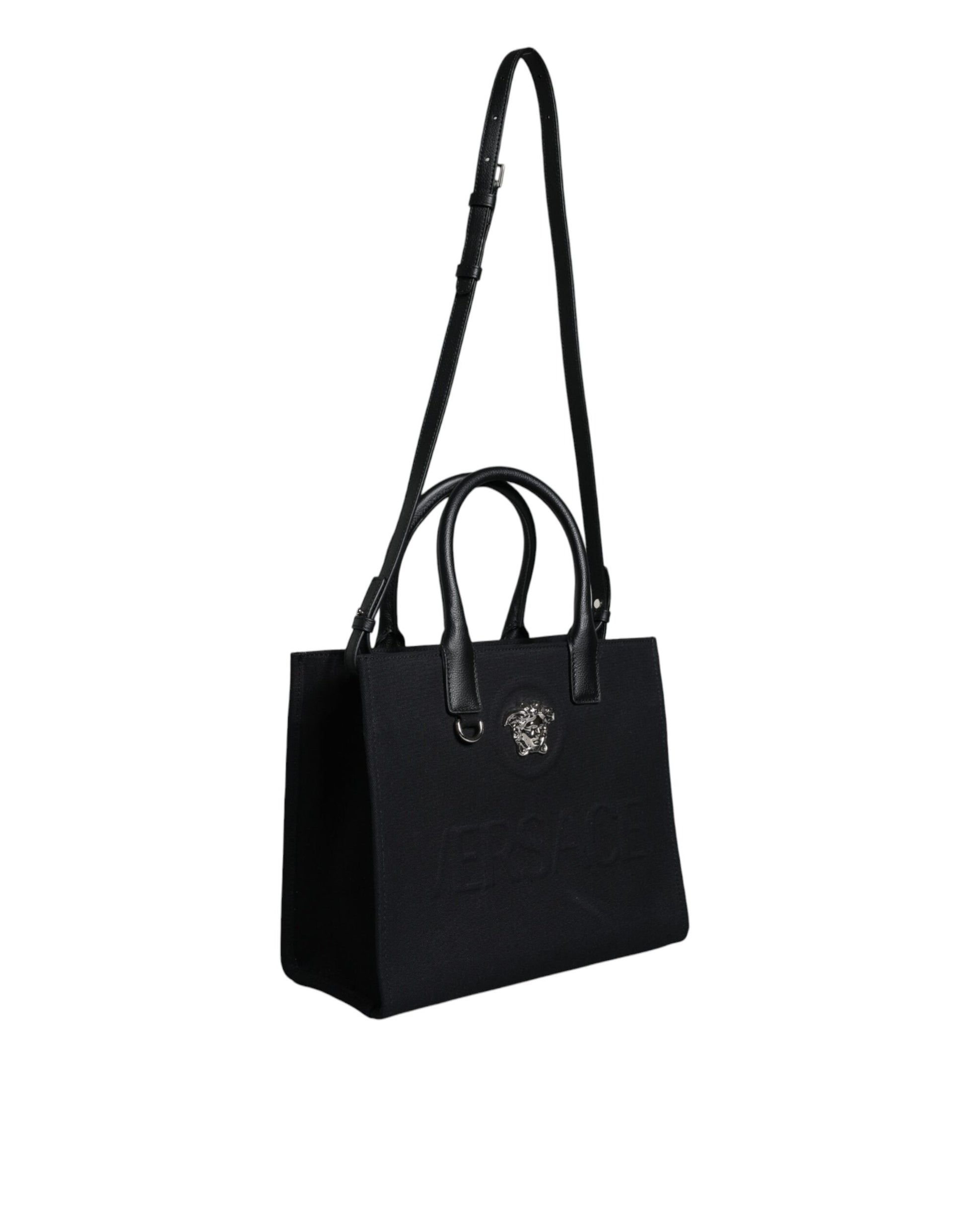 Fashionsarah.com Fashionsarah.com Versace Black Top Handle Canvas Leather Logo Crossbody Tote Bag