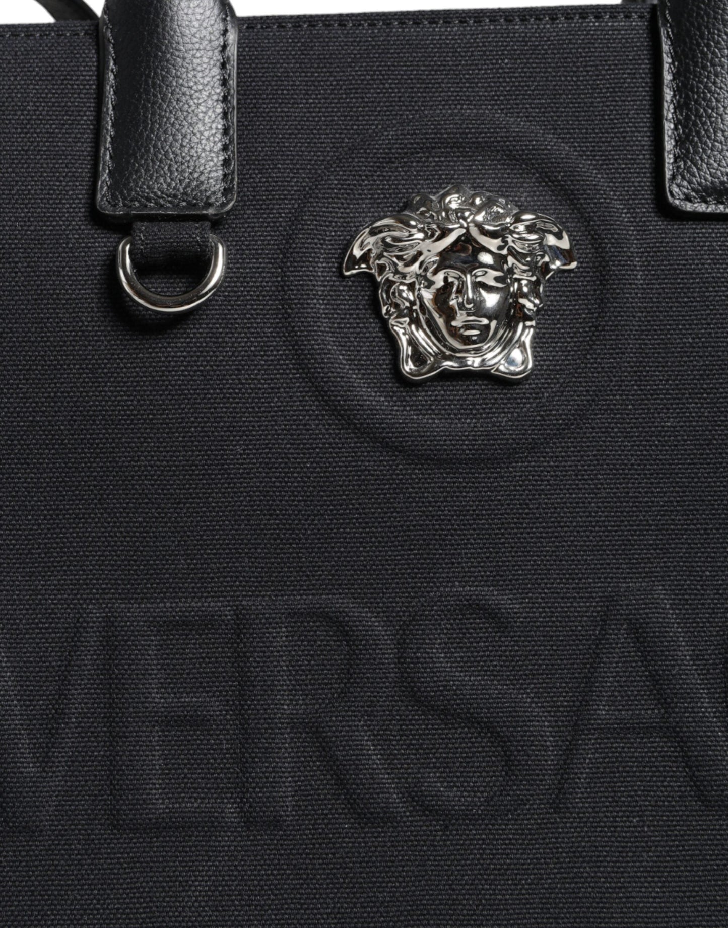 Fashionsarah.com Fashionsarah.com Versace Black Top Handle Canvas Leather Logo Crossbody Tote Bag