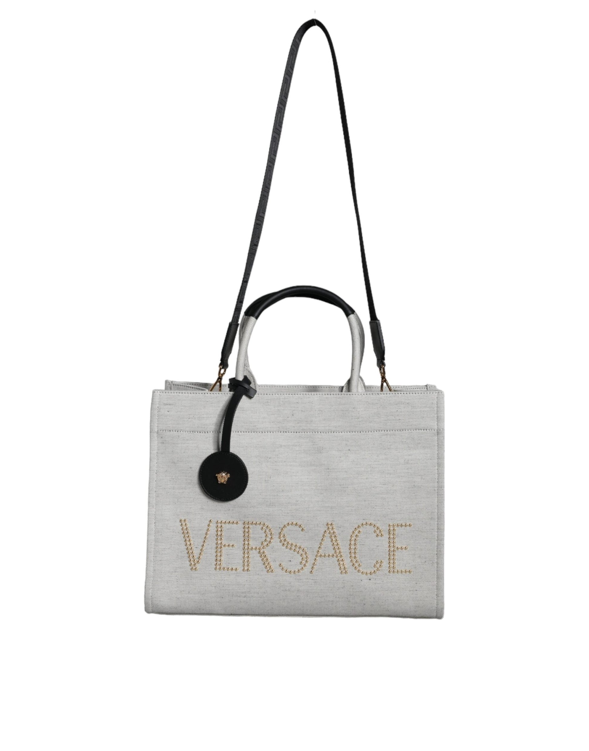 Fashionsarah.com Fashionsarah.com Versace White Top Handle Canvas Leather Logo Crossbody Tote Bag