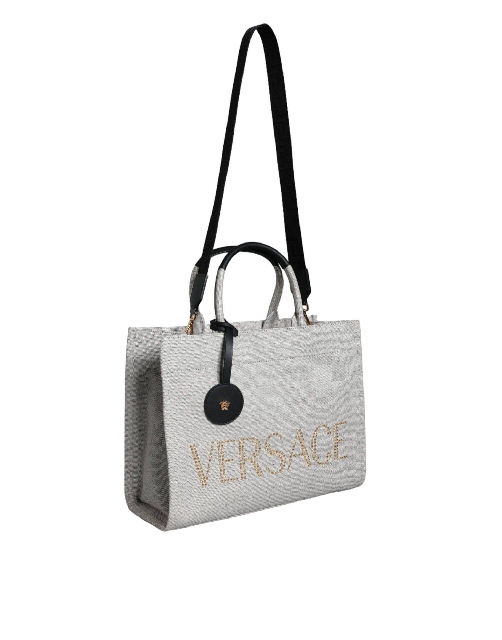 Fashionsarah.com Fashionsarah.com Versace White Top Handle Canvas Leather Logo Crossbody Tote Bag