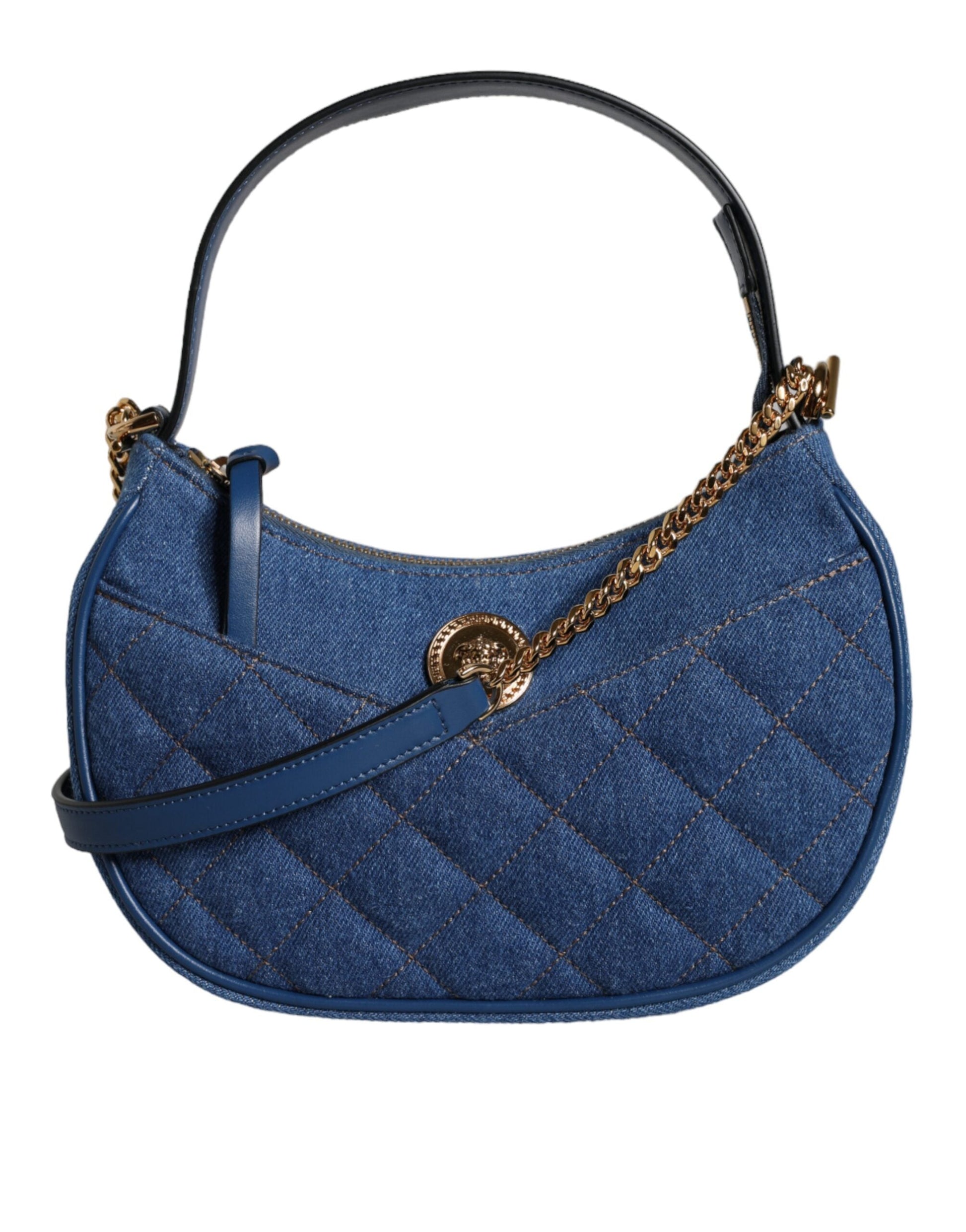 Versace Blue Quilted Denim Leather Top Handle Shoulder Bag | Fashionsarah.com