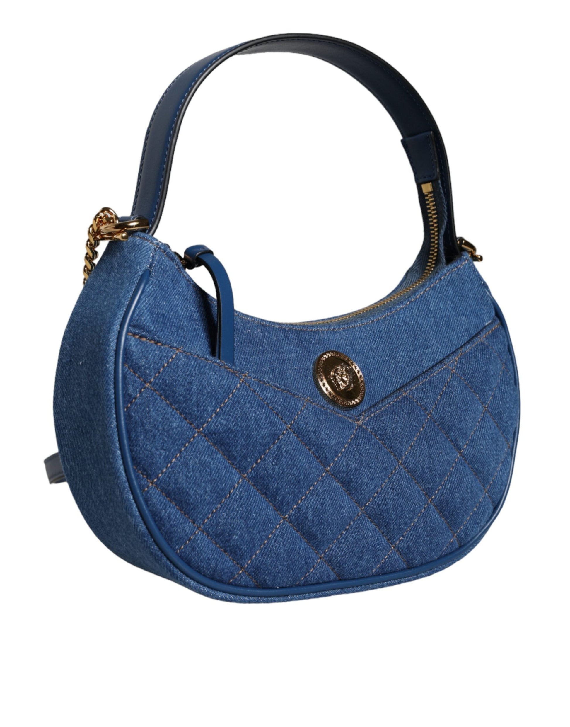 Versace Blue Quilted Denim Leather Top Handle Shoulder Bag | Fashionsarah.com