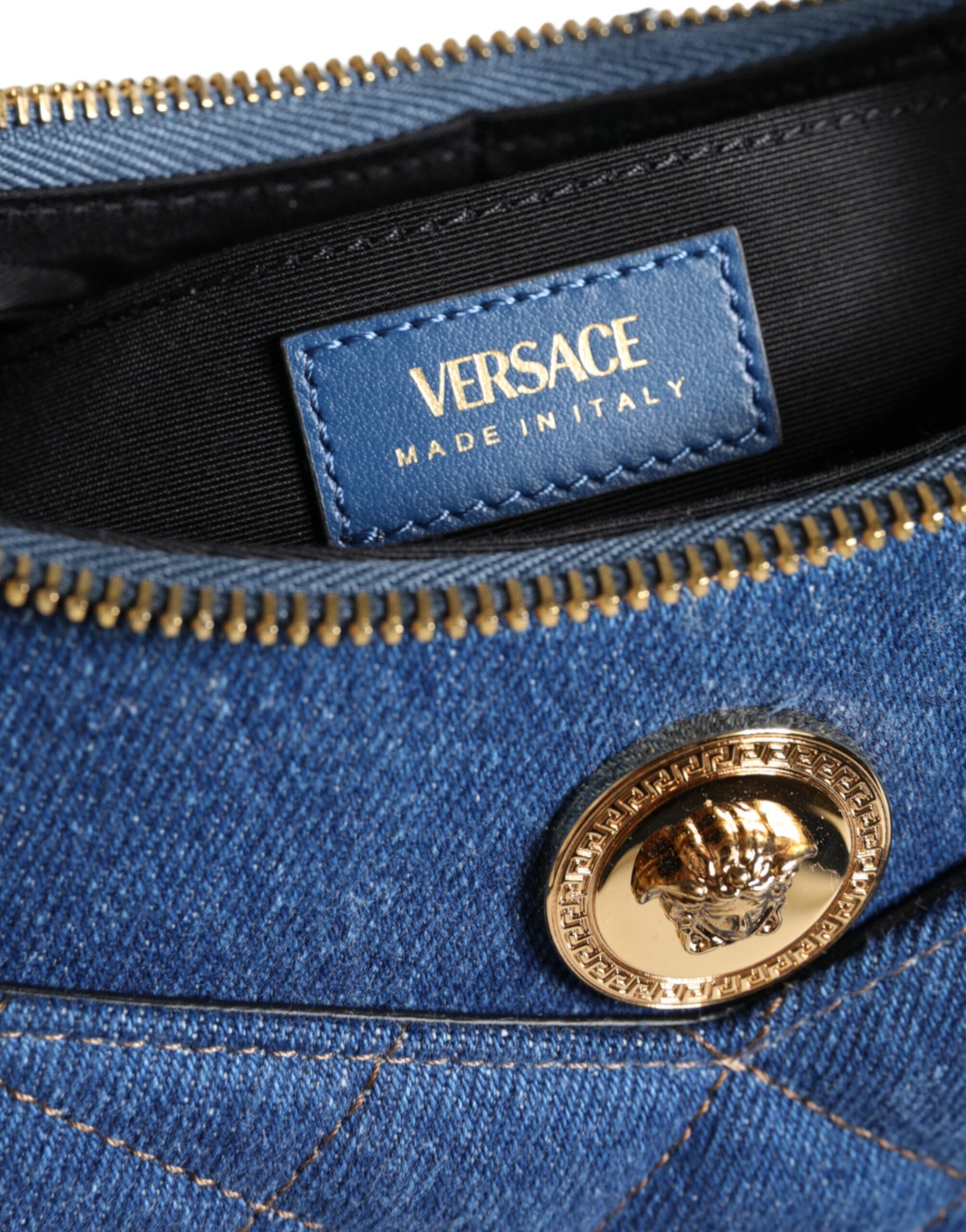 Versace Blue Quilted Denim Leather Top Handle Shoulder Bag | Fashionsarah.com