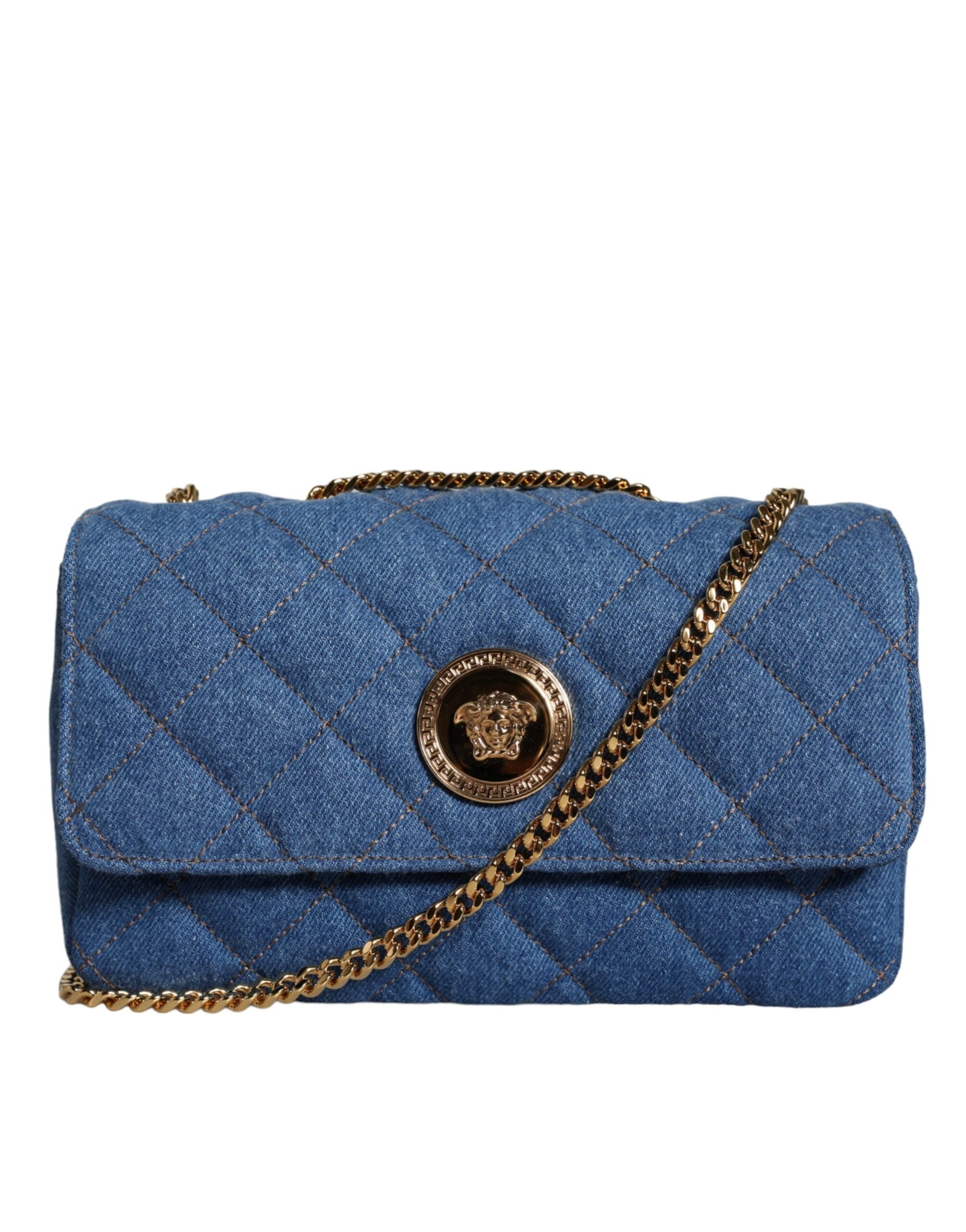 Versace Blue Quilted Denim Leather Crossbody Shoulder Bag | Fashionsarah.com