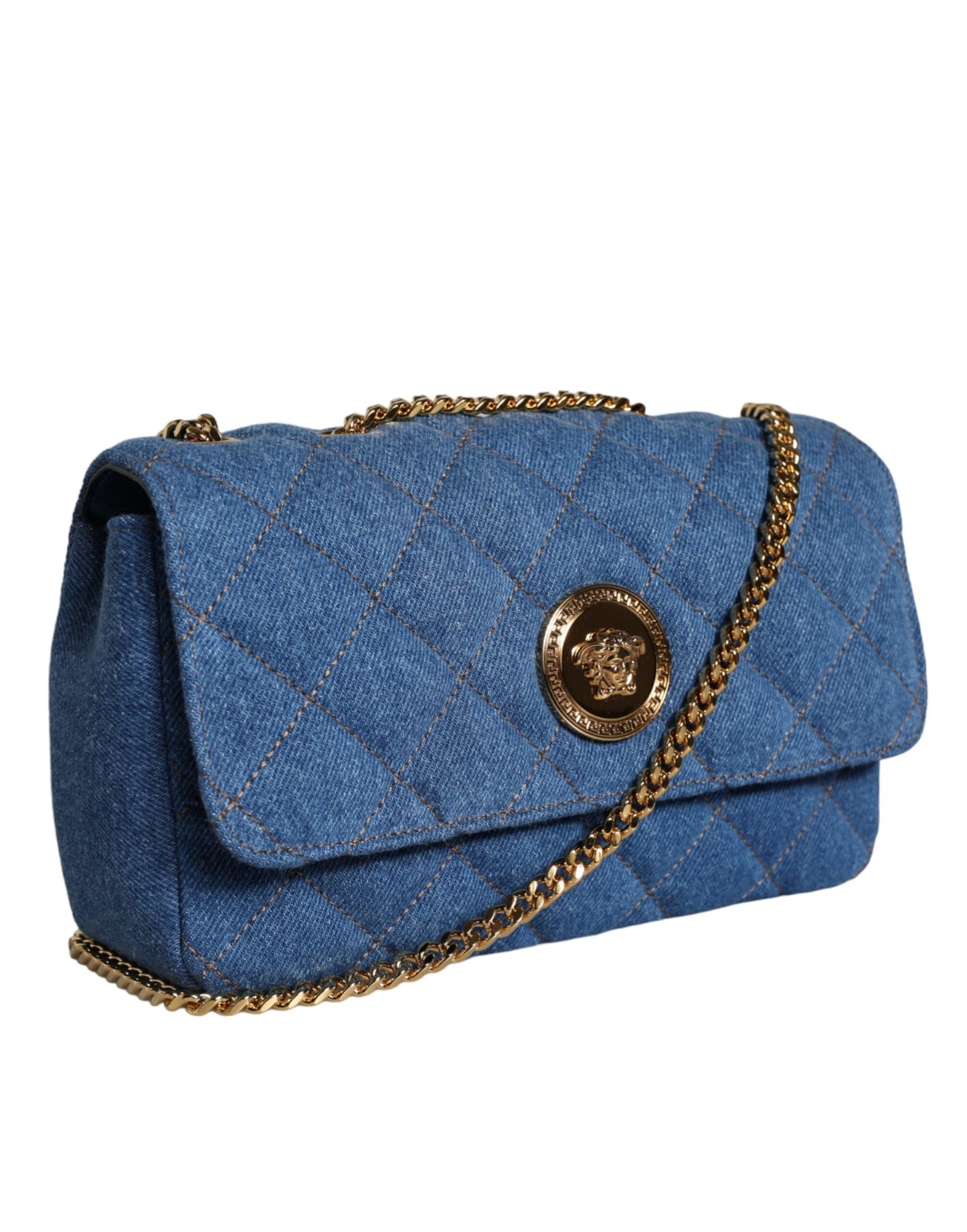 Versace Blue Quilted Denim Leather Crossbody Shoulder Bag | Fashionsarah.com