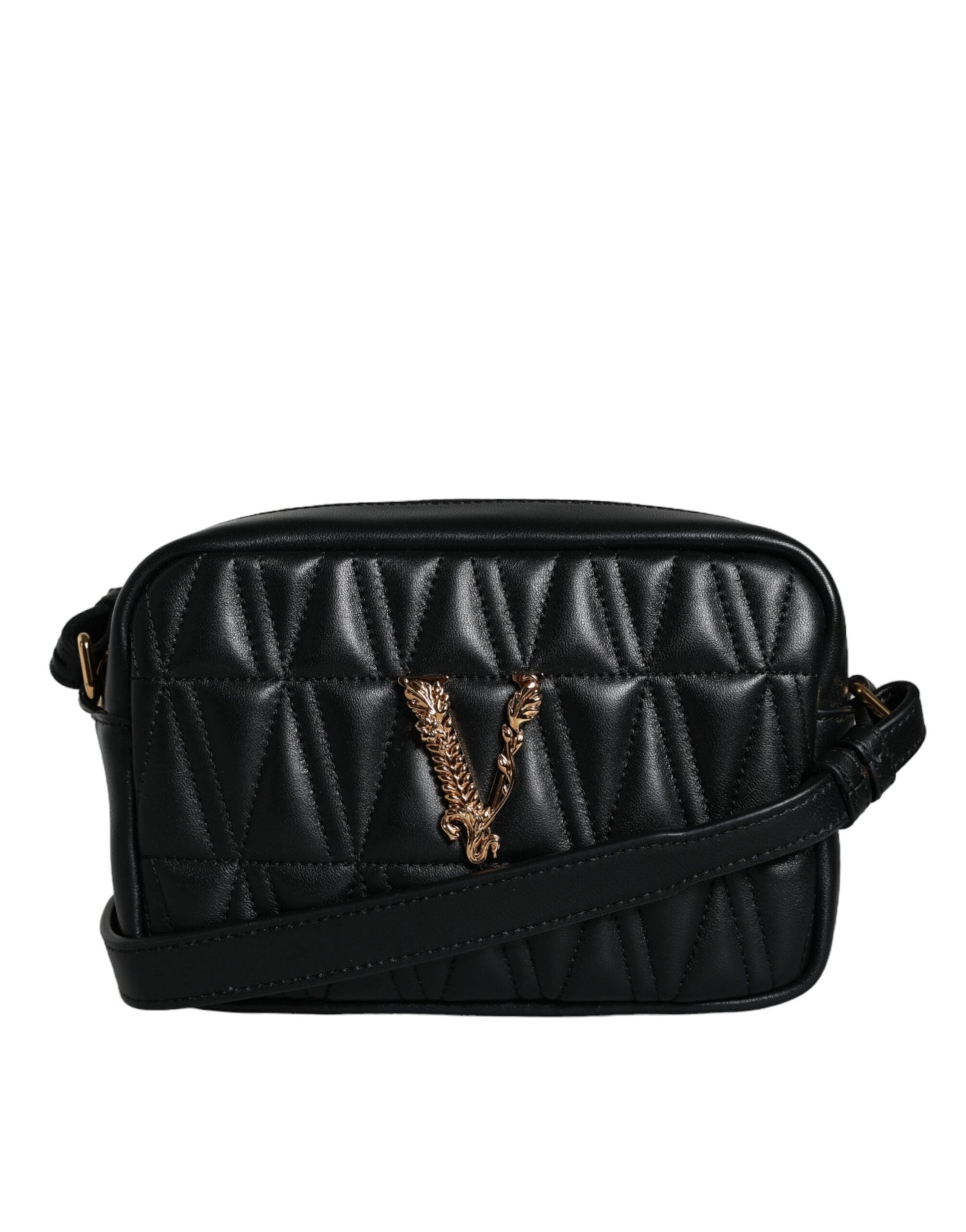 Versace Black Quilted Lamb Leather Camera Case Shoulder Bag | Fashionsarah.com