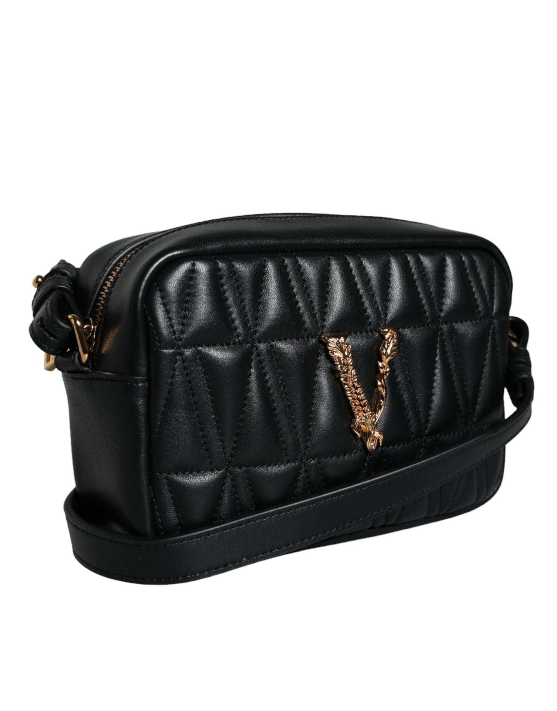 Versace Black Quilted Lamb Leather Camera Case Shoulder Bag | Fashionsarah.com