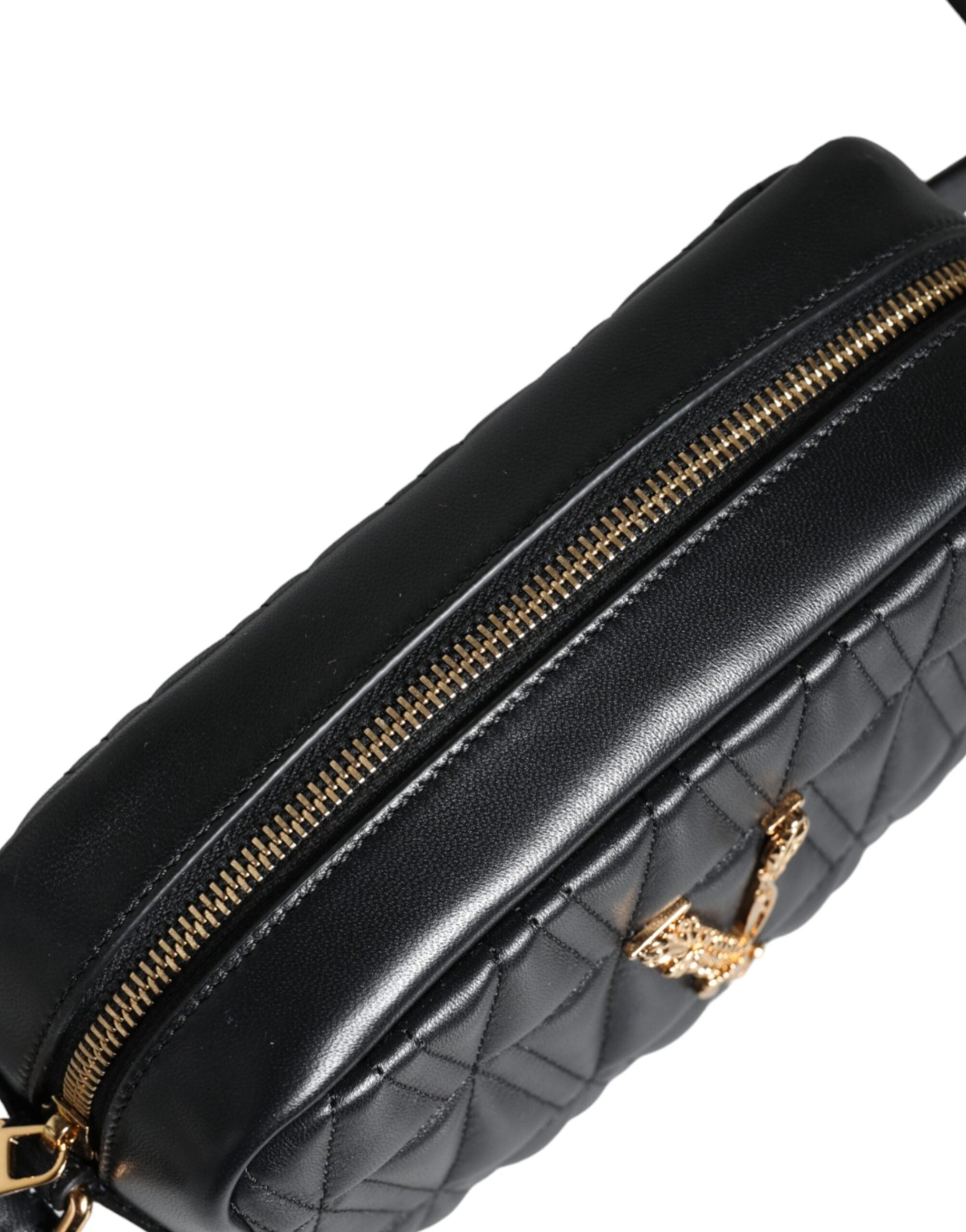 Versace Black Quilted Lamb Leather Camera Case Shoulder Bag | Fashionsarah.com