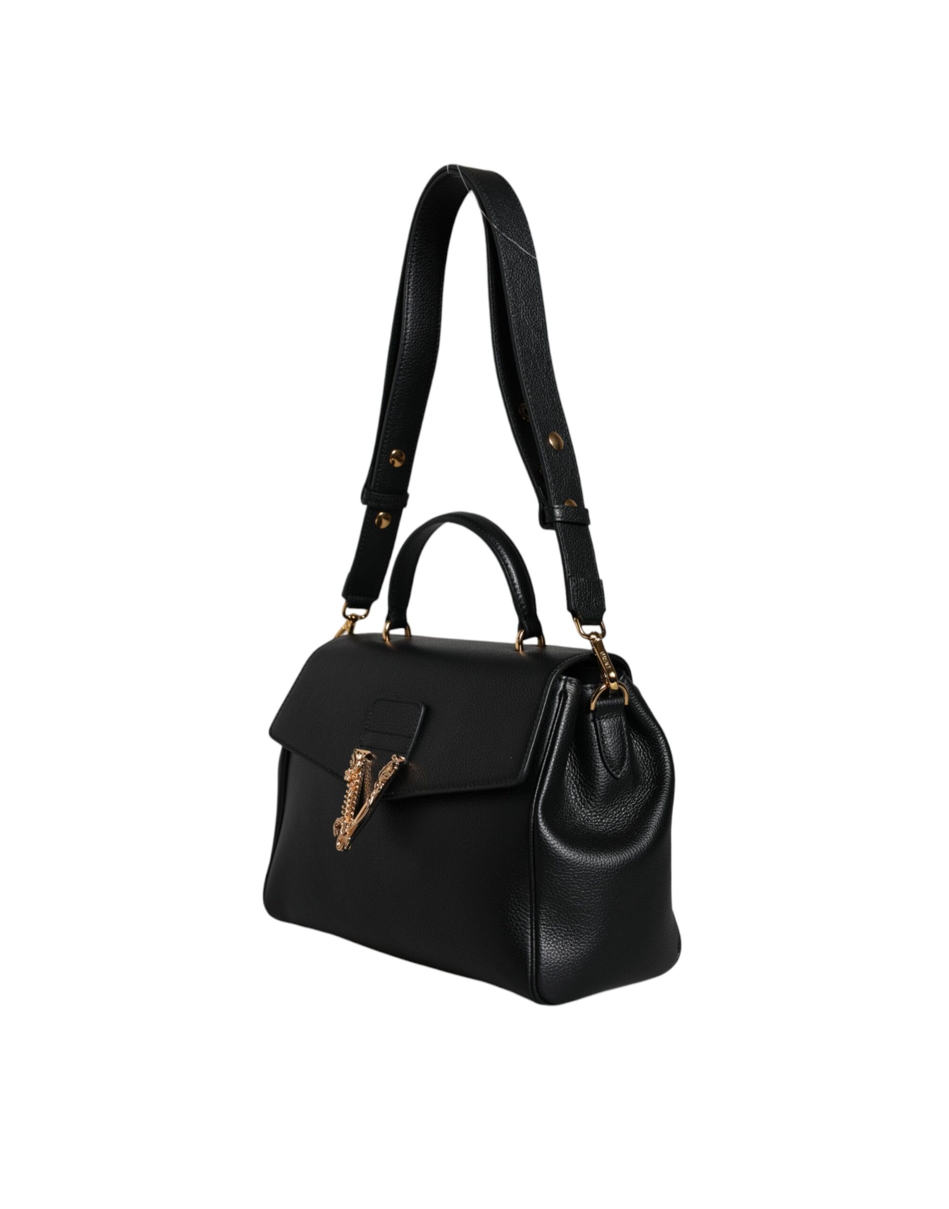 Versace Black Top Handle Grainy Calfskin Leather Crossbody Bag | Fashionsarah.com