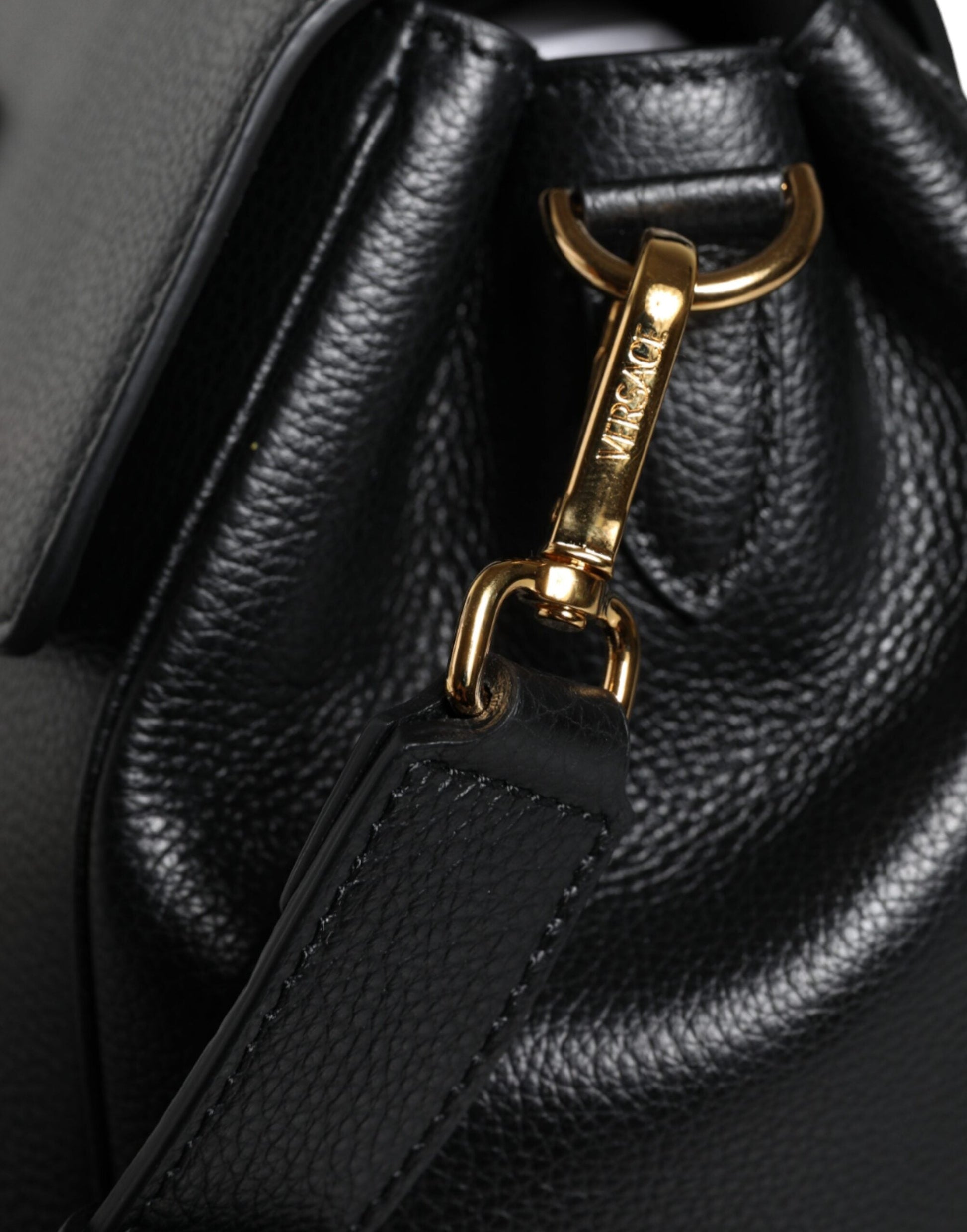 Versace Black Top Handle Grainy Calfskin Leather Crossbody Bag | Fashionsarah.com