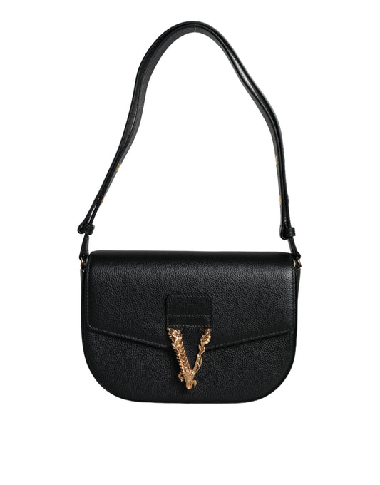 Fashionsarah.com Fashionsarah.com Versace Black Grainy Calf Leather Logo Crossbody Shoulder Bag