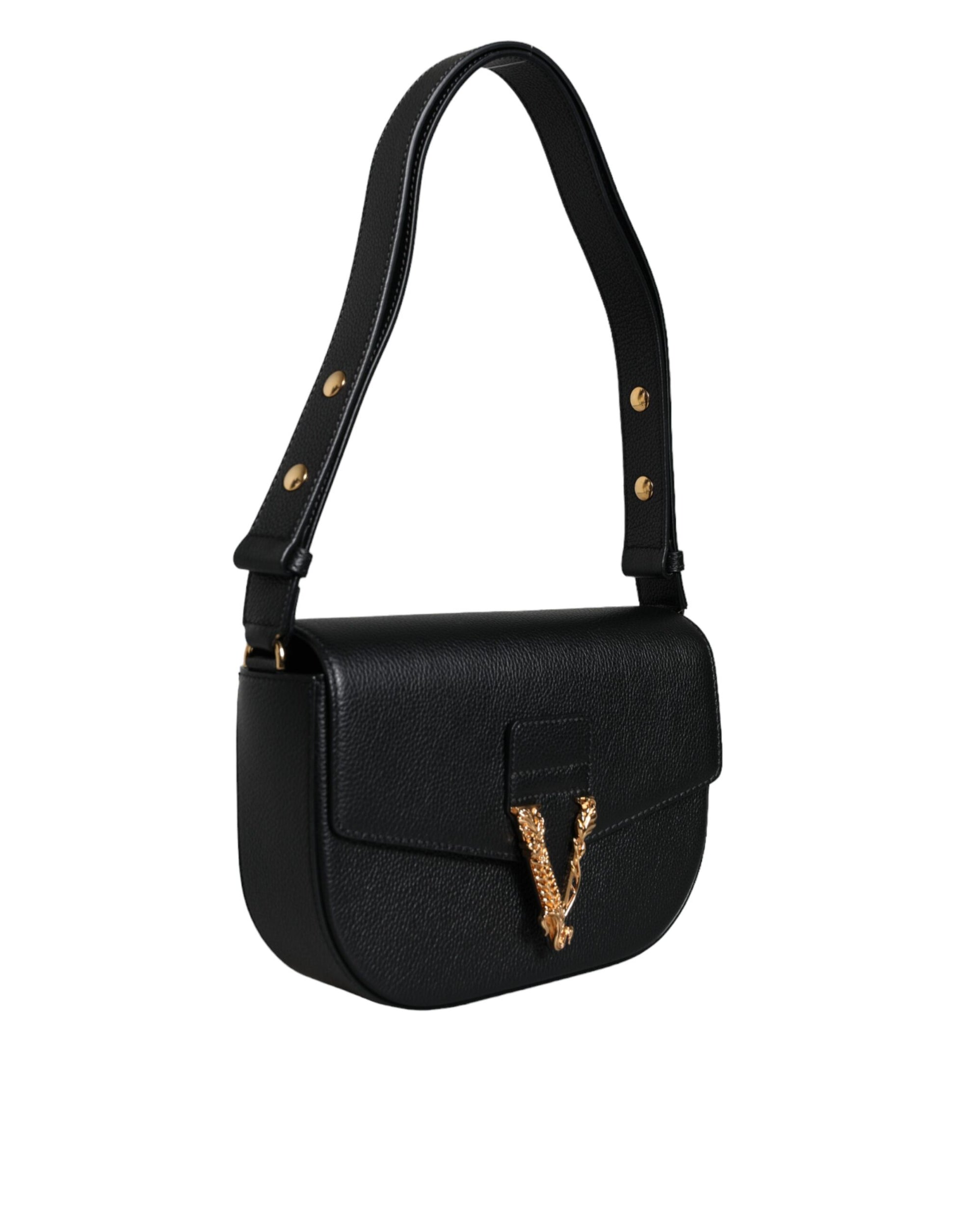 Fashionsarah.com Fashionsarah.com Versace Black Grainy Calf Leather Logo Crossbody Shoulder Bag