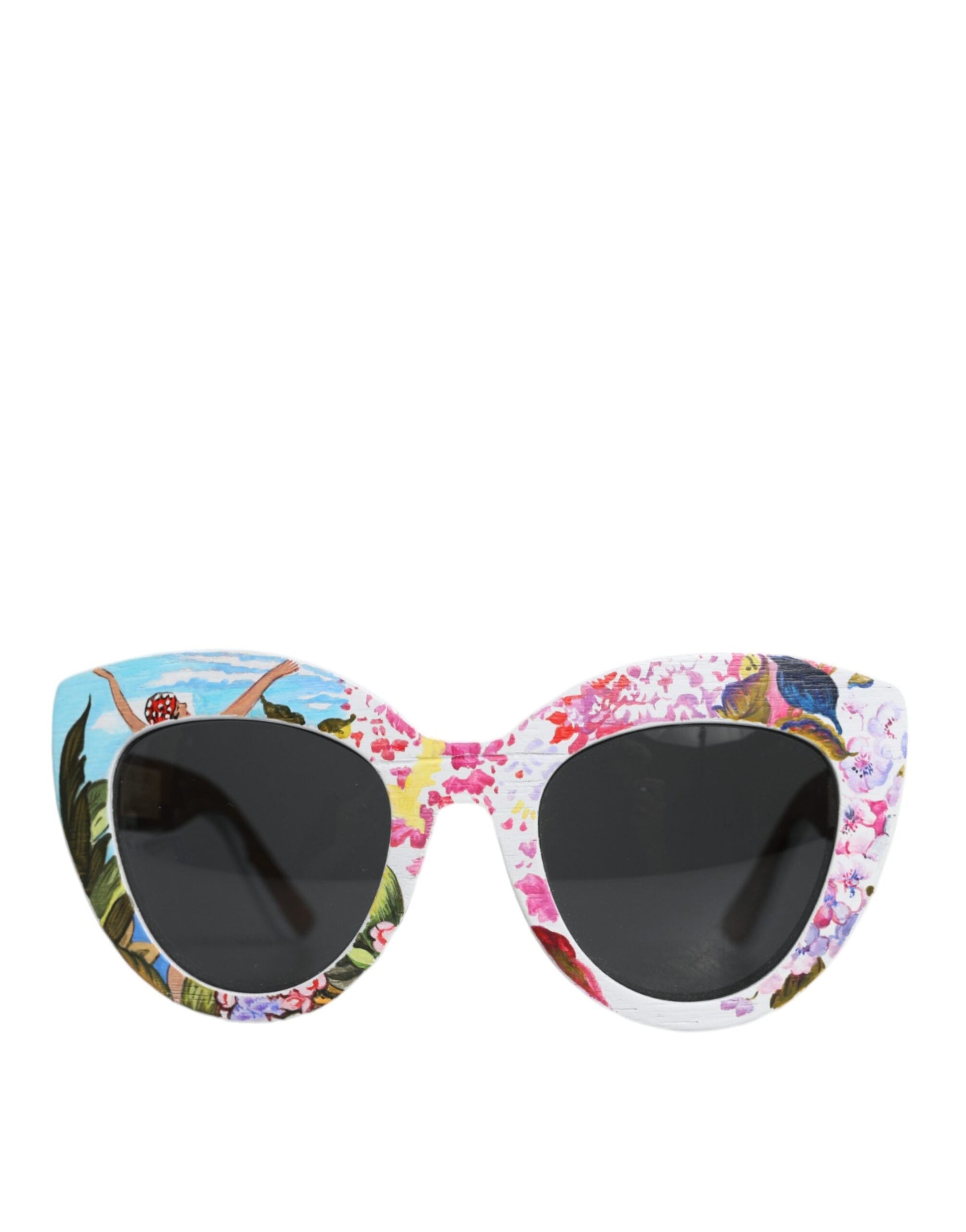 Fashionsarah.com Fashionsarah.com Dolce & Gabbana Multicolor Wood Crystal Brass Frame Floral Hand Paint Sunglasses