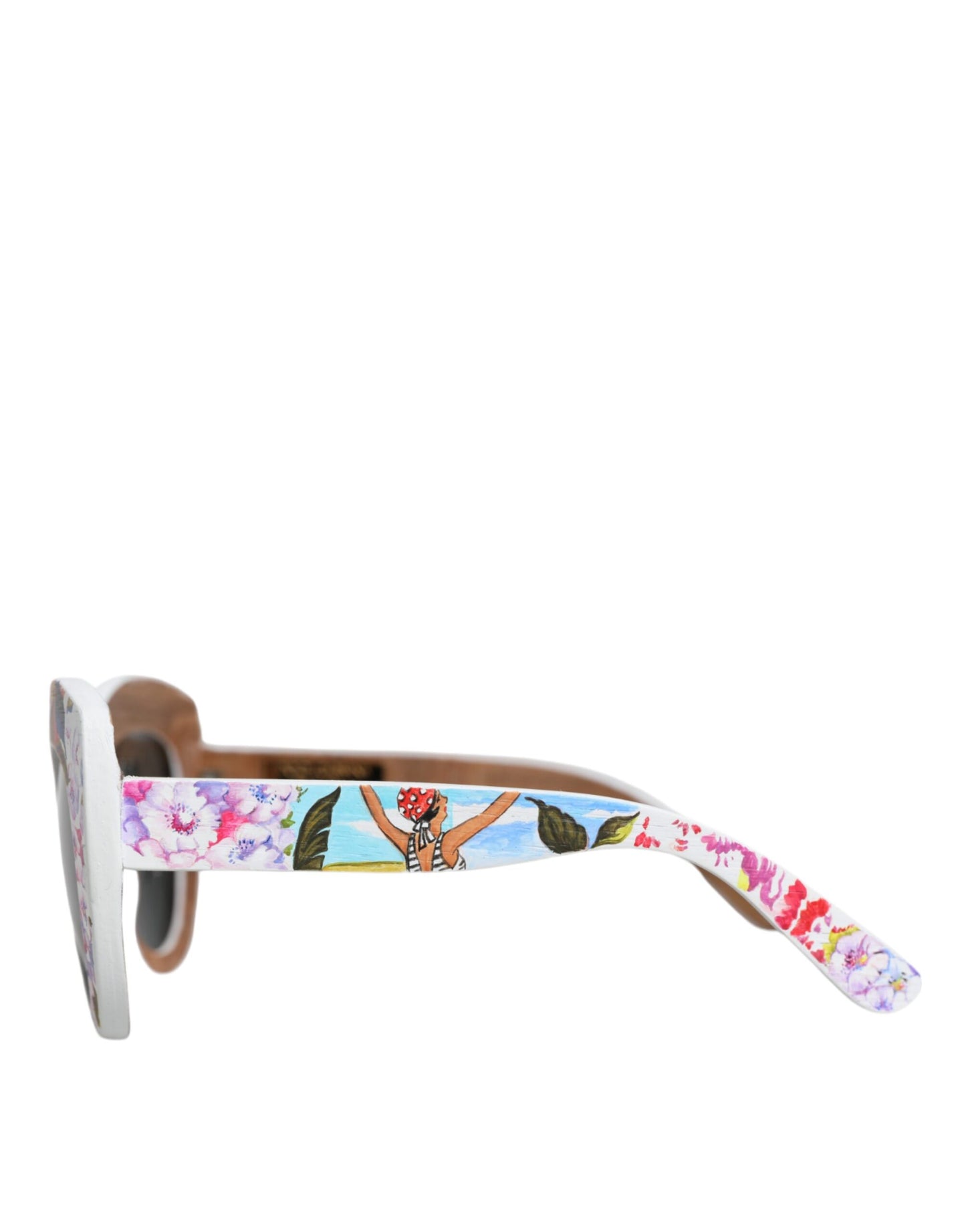 Fashionsarah.com Fashionsarah.com Dolce & Gabbana Multicolor Wood Crystal Brass Frame Floral Hand Paint Sunglasses