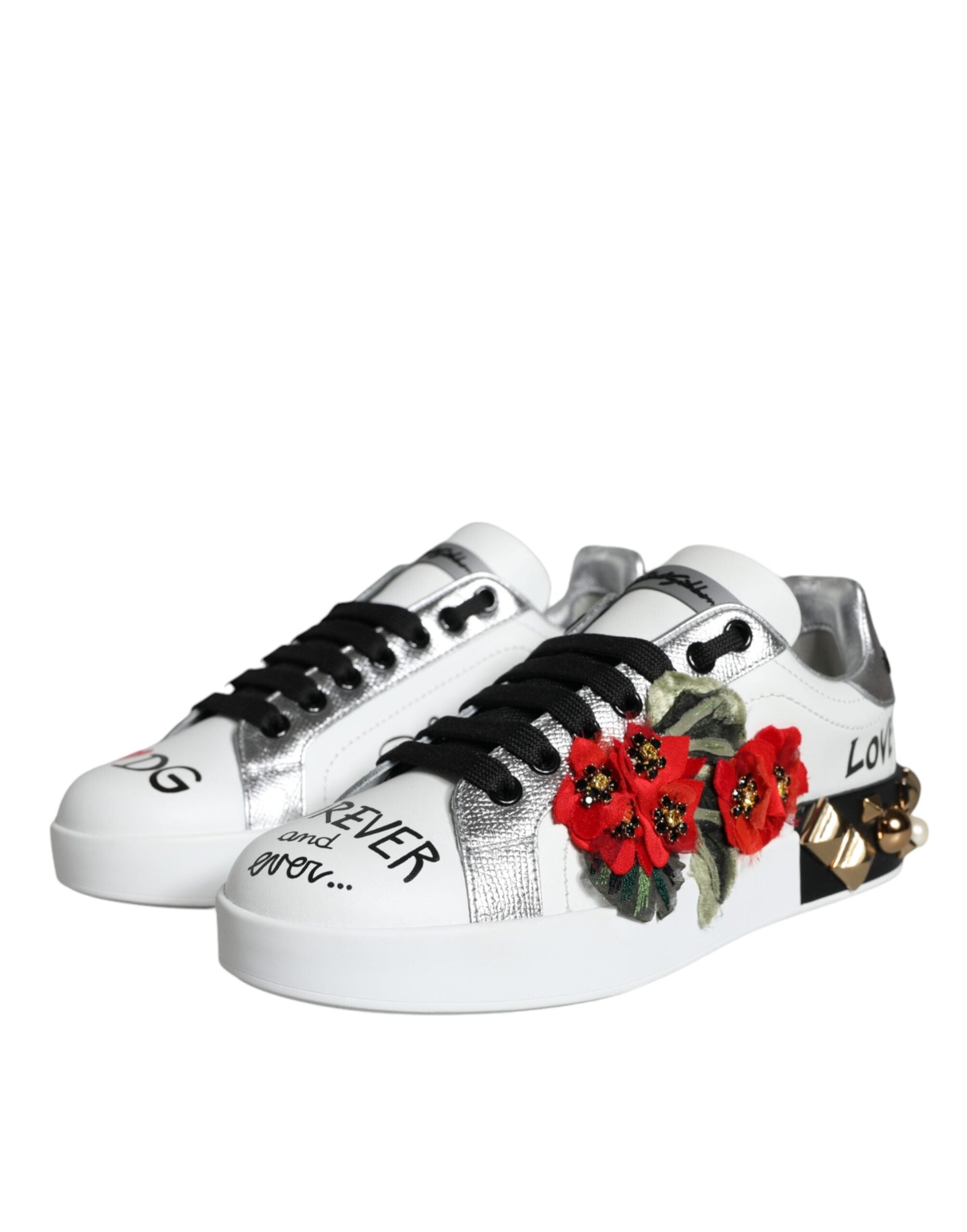 Dolce & Gabbana White Leather Floral Studded Sneakers Shoes | Fashionsarah.com