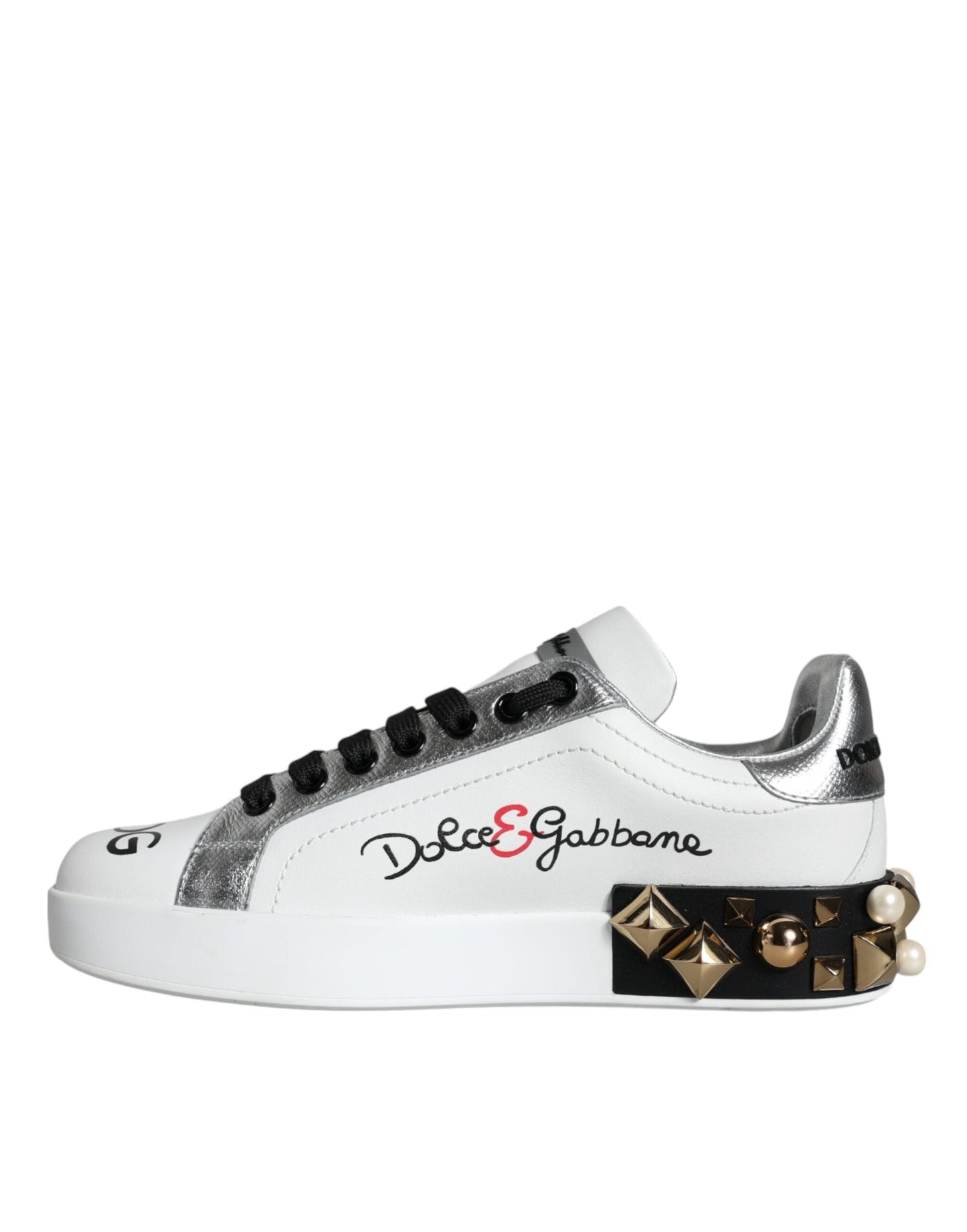 Dolce & Gabbana White Leather Floral Studded Sneakers Shoes | Fashionsarah.com