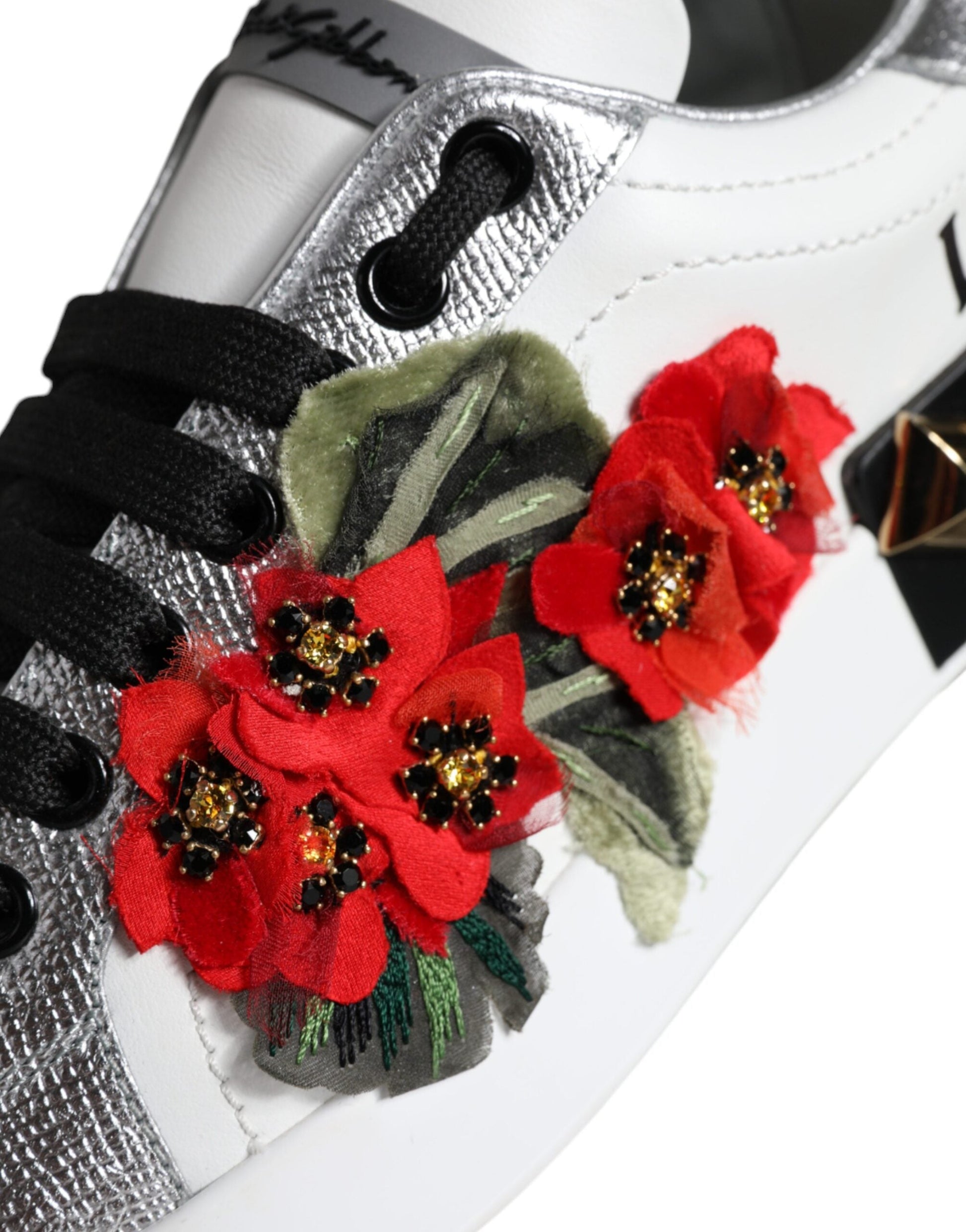 Fashionsarah.com Fashionsarah.com Dolce & Gabbana White Leather Floral Studded Sneakers Shoes