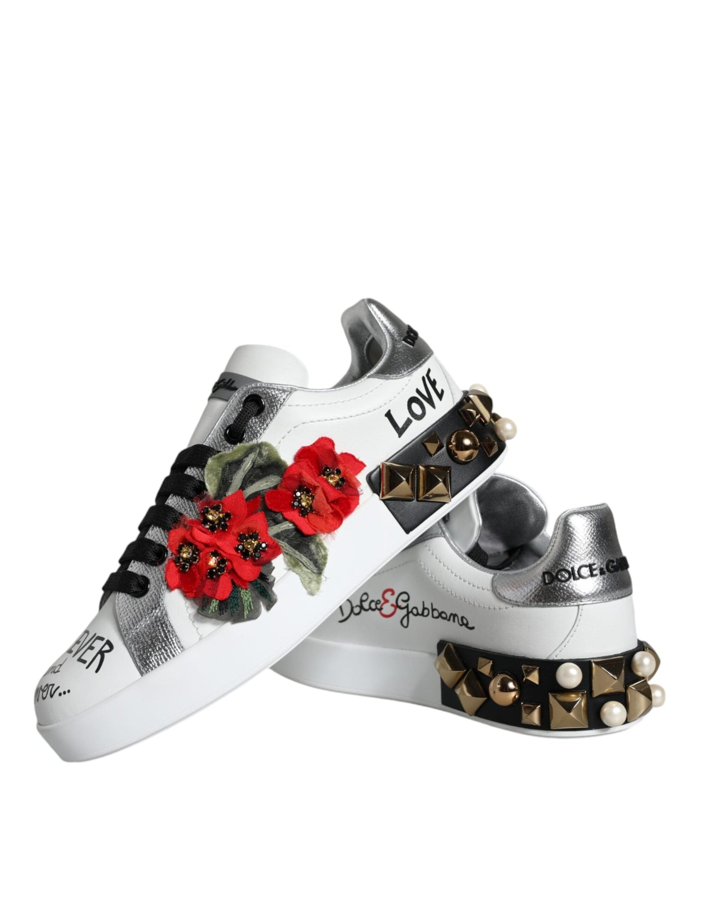 Dolce & Gabbana White Leather Floral Studded Sneakers Shoes | Fashionsarah.com