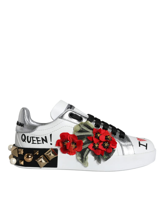 Fashionsarah.com Fashionsarah.com Dolce & Gabbana White Leather Floral Studded Sneakers Shoes