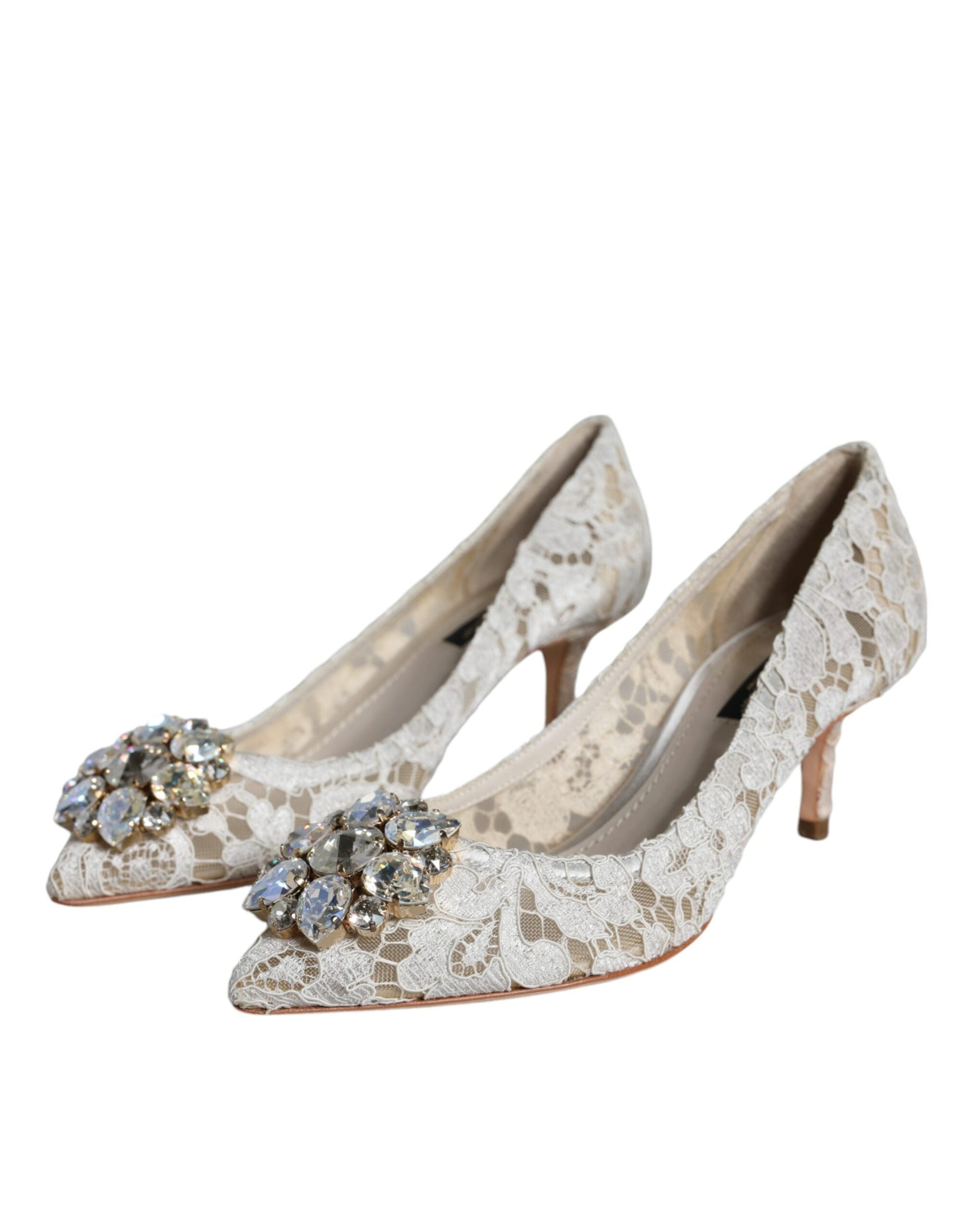 Dolce & Gabbana White Taormina Lace Crystal Heel Pumps Shoes | Fashionsarah.com