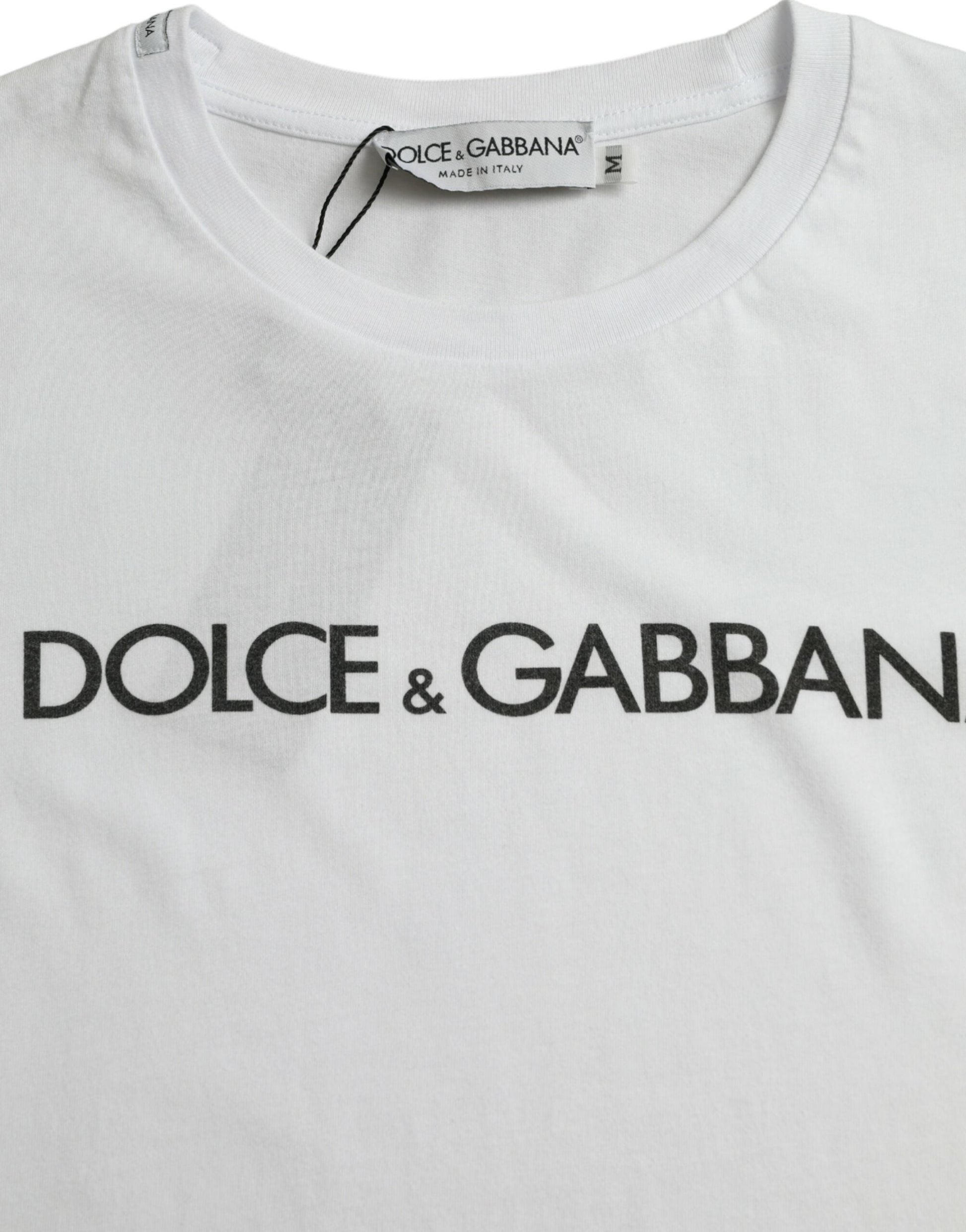 Dolce & Gabbana White Logo Print Cotton Crew Neck T-shirt | Fashionsarah.com