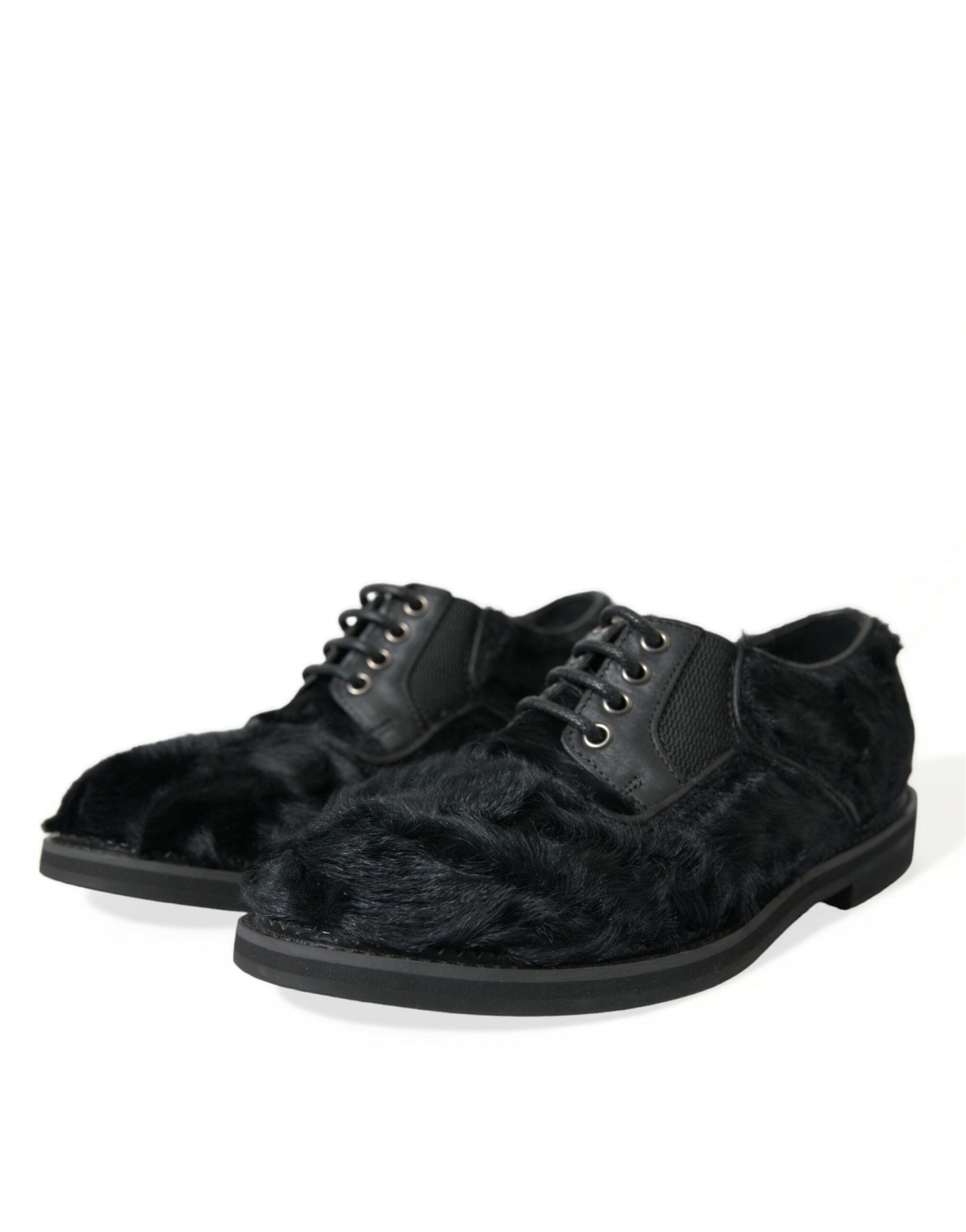 Fashionsarah.com Fashionsarah.com Dolce & Gabbana Black Fur Leather Lace Up Derby Dress Shoes