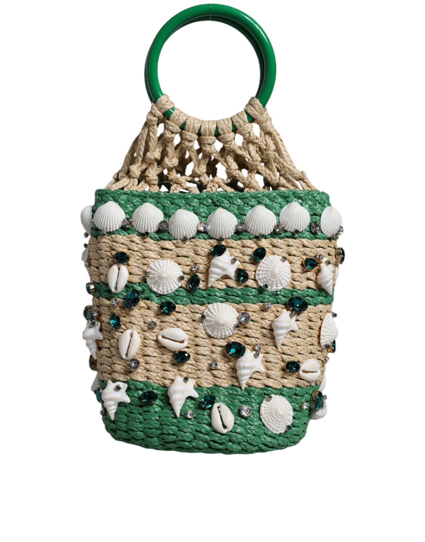 Dolce & Gabbana Beige Green Rafia Seashells Crystal Bucket Bag | Fashionsarah.com