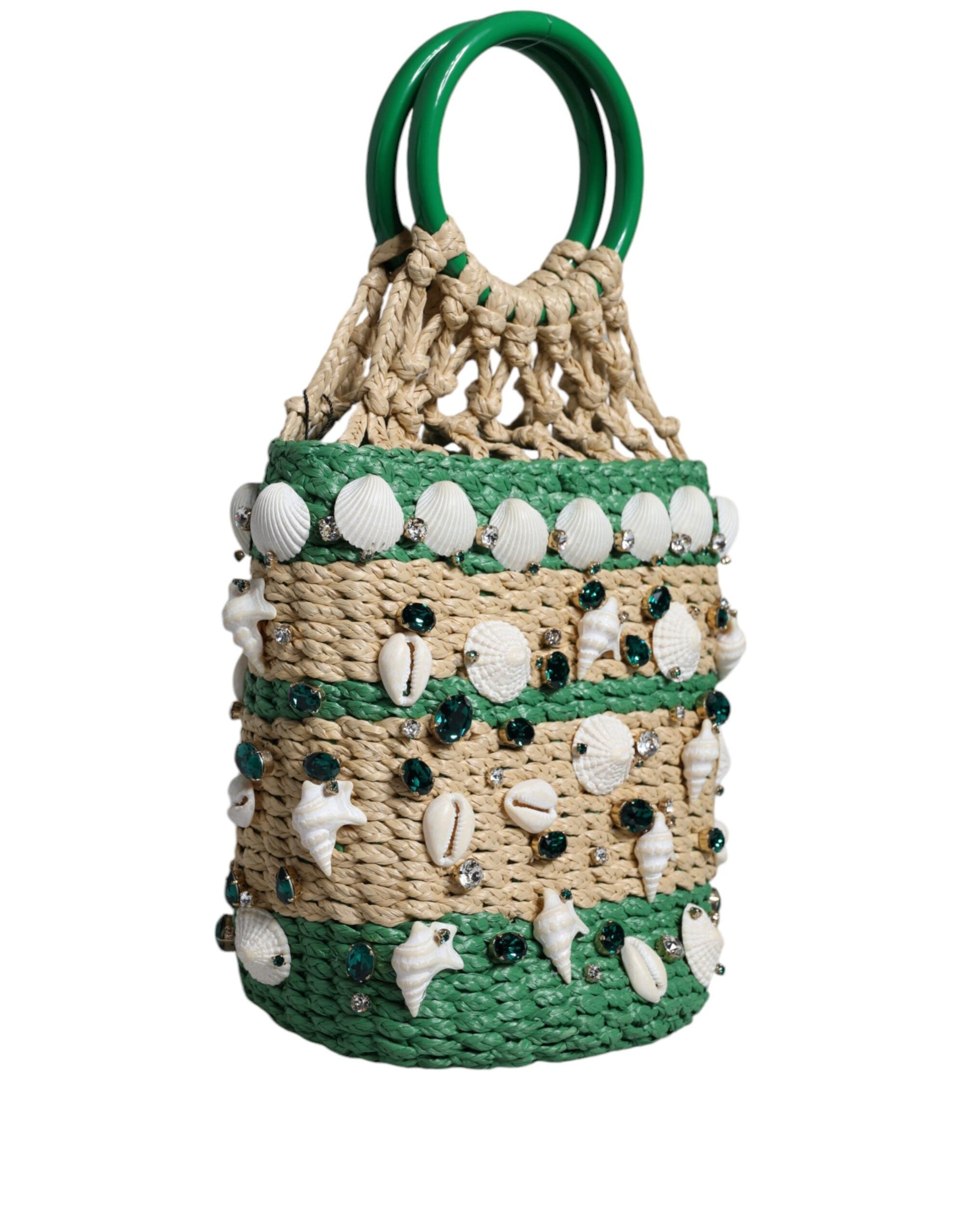 Dolce & Gabbana Beige Green Rafia Seashells Crystal Bucket Bag | Fashionsarah.com