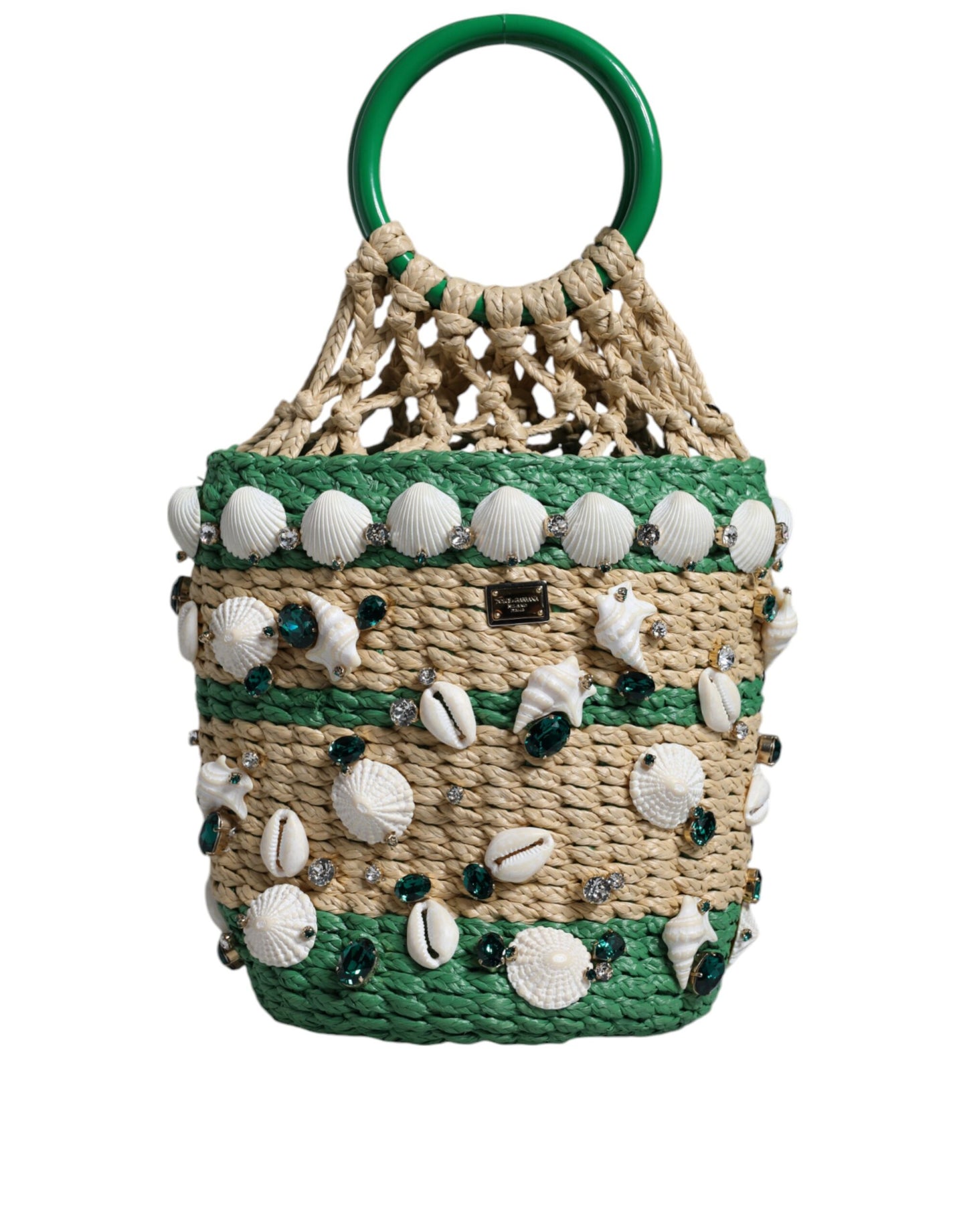 Dolce & Gabbana Beige Green Rafia Seashells Crystal Bucket Bag | Fashionsarah.com