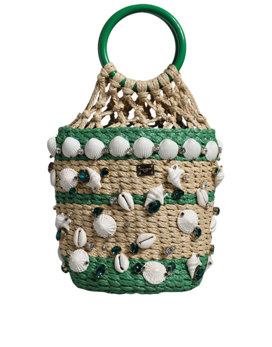 Fashionsarah.com Fashionsarah.com Dolce & Gabbana Beige Green Rafia Seashells Crystal Bucket Bag