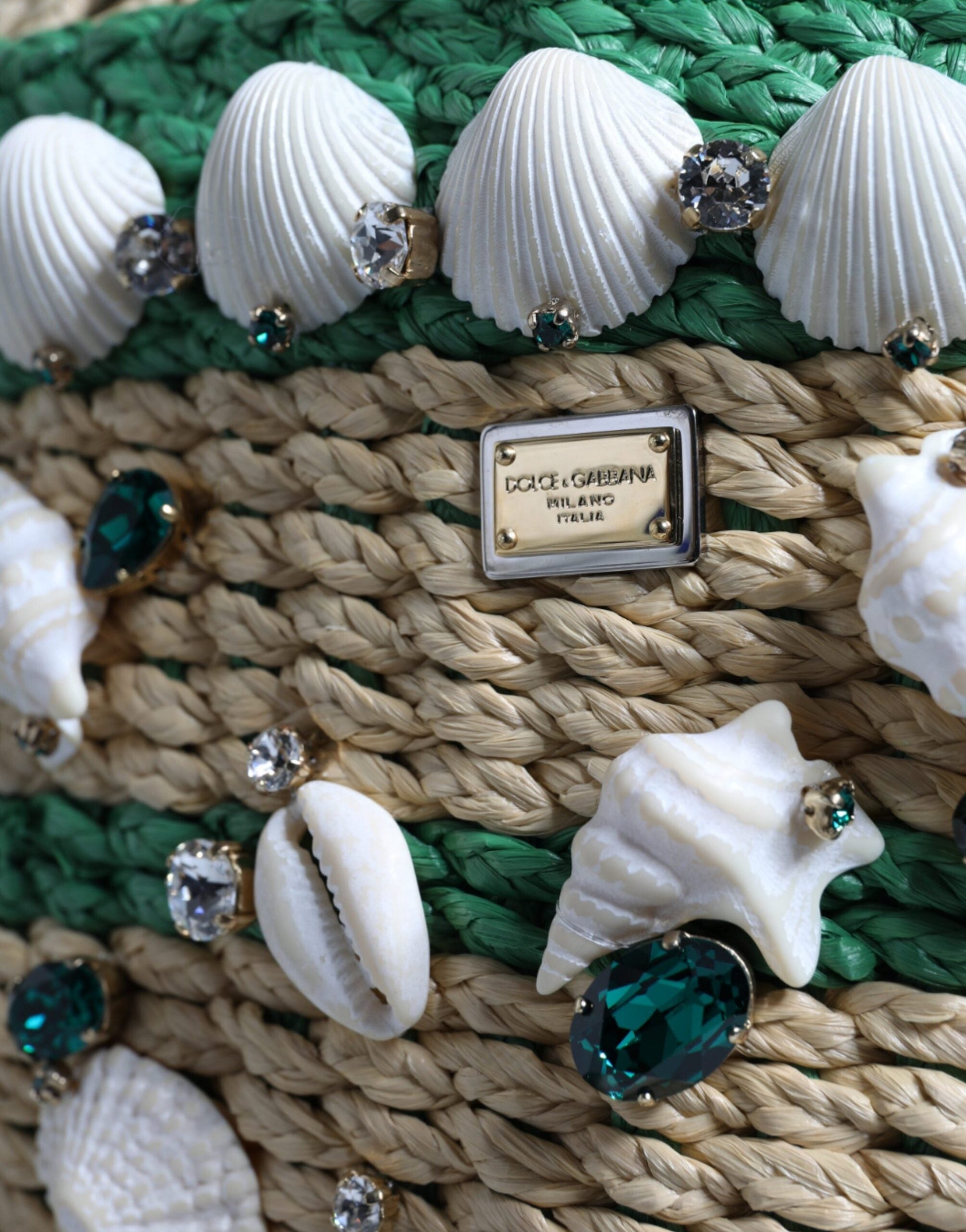 Dolce & Gabbana Beige Green Rafia Seashells Crystal Bucket Bag | Fashionsarah.com