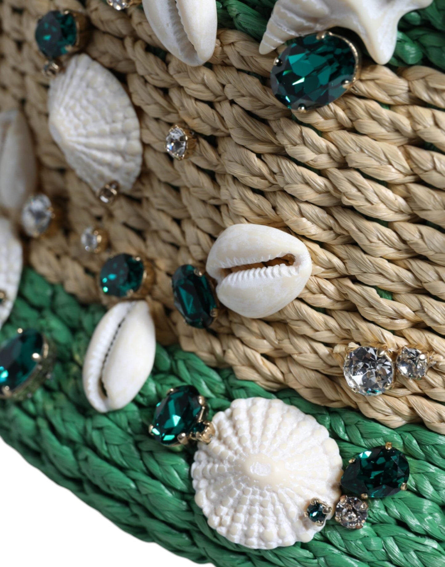 Dolce & Gabbana Beige Green Rafia Seashells Crystal Bucket Bag | Fashionsarah.com