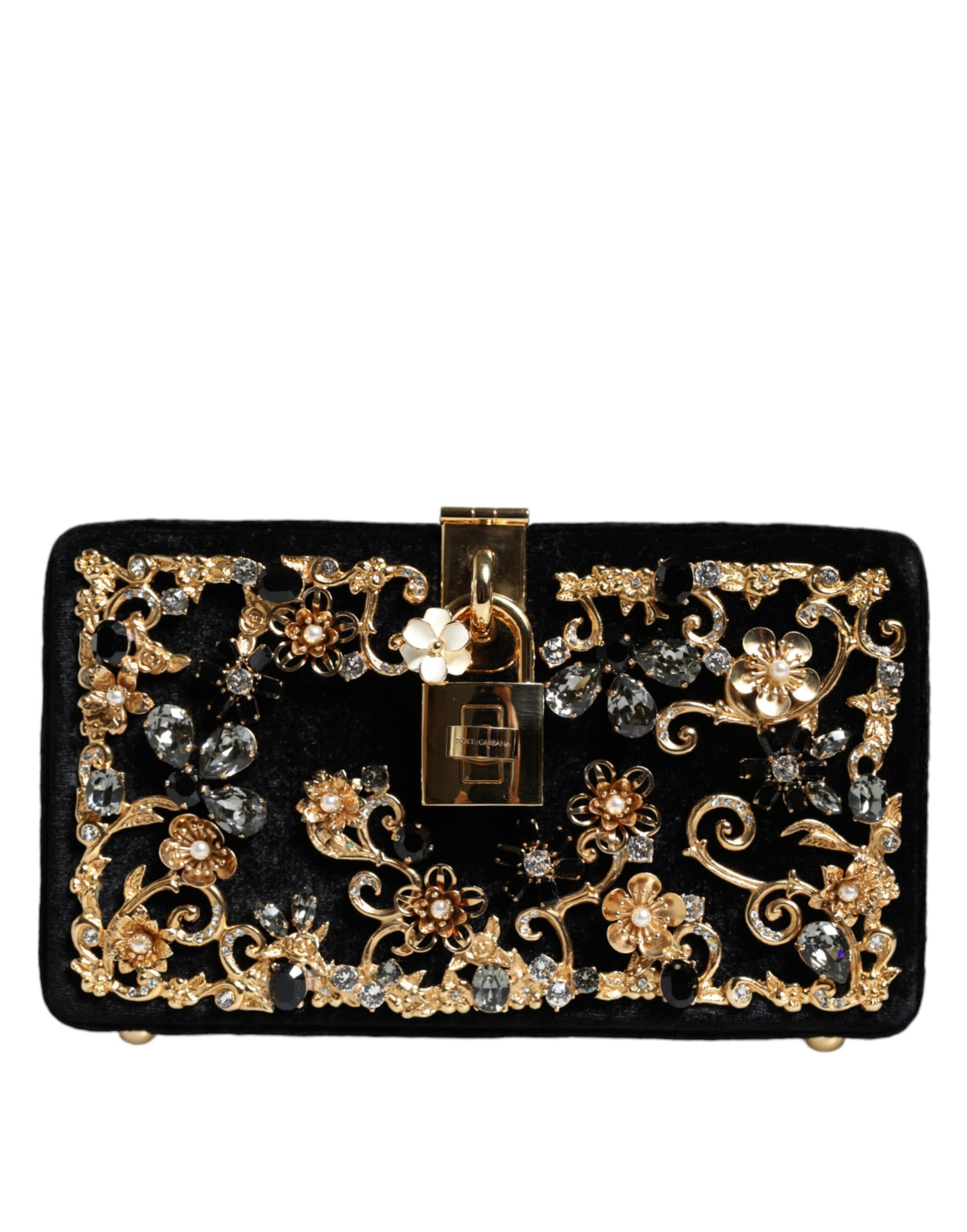 Fashionsarah.com Fashionsarah.com Dolce & Gabbana Black Velvet Floral Crystal Clutch Evening Purse Bag