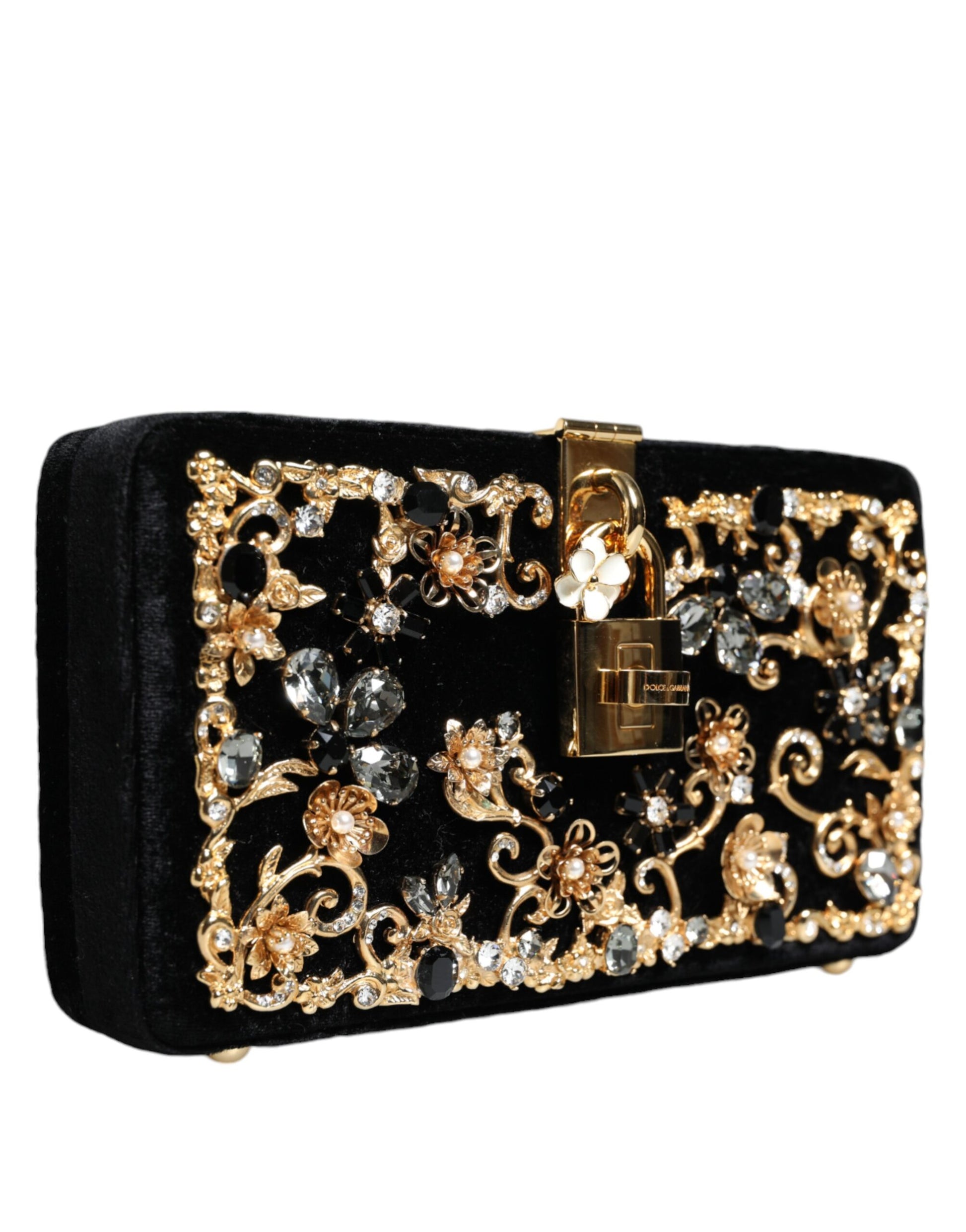 Fashionsarah.com Fashionsarah.com Dolce & Gabbana Black Velvet Floral Crystal Clutch Evening Purse Bag