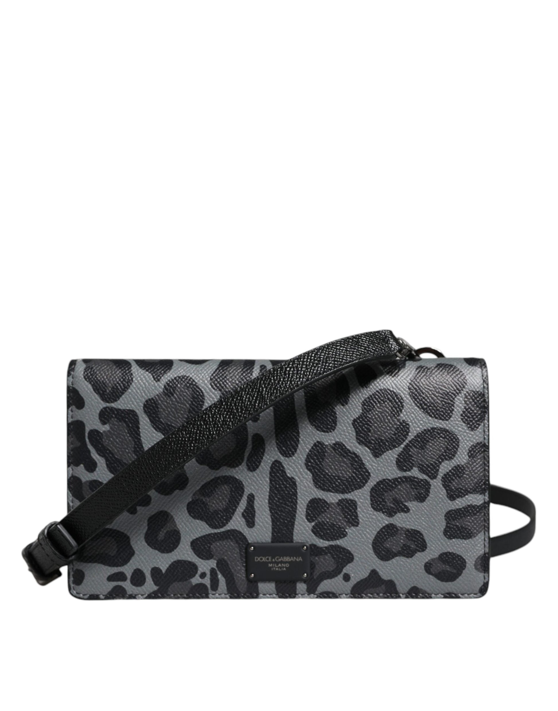 Dolce & Gabbana Black Gray Leopard Leather Bifold Card Slot Crossbody Bag | Fashionsarah.com