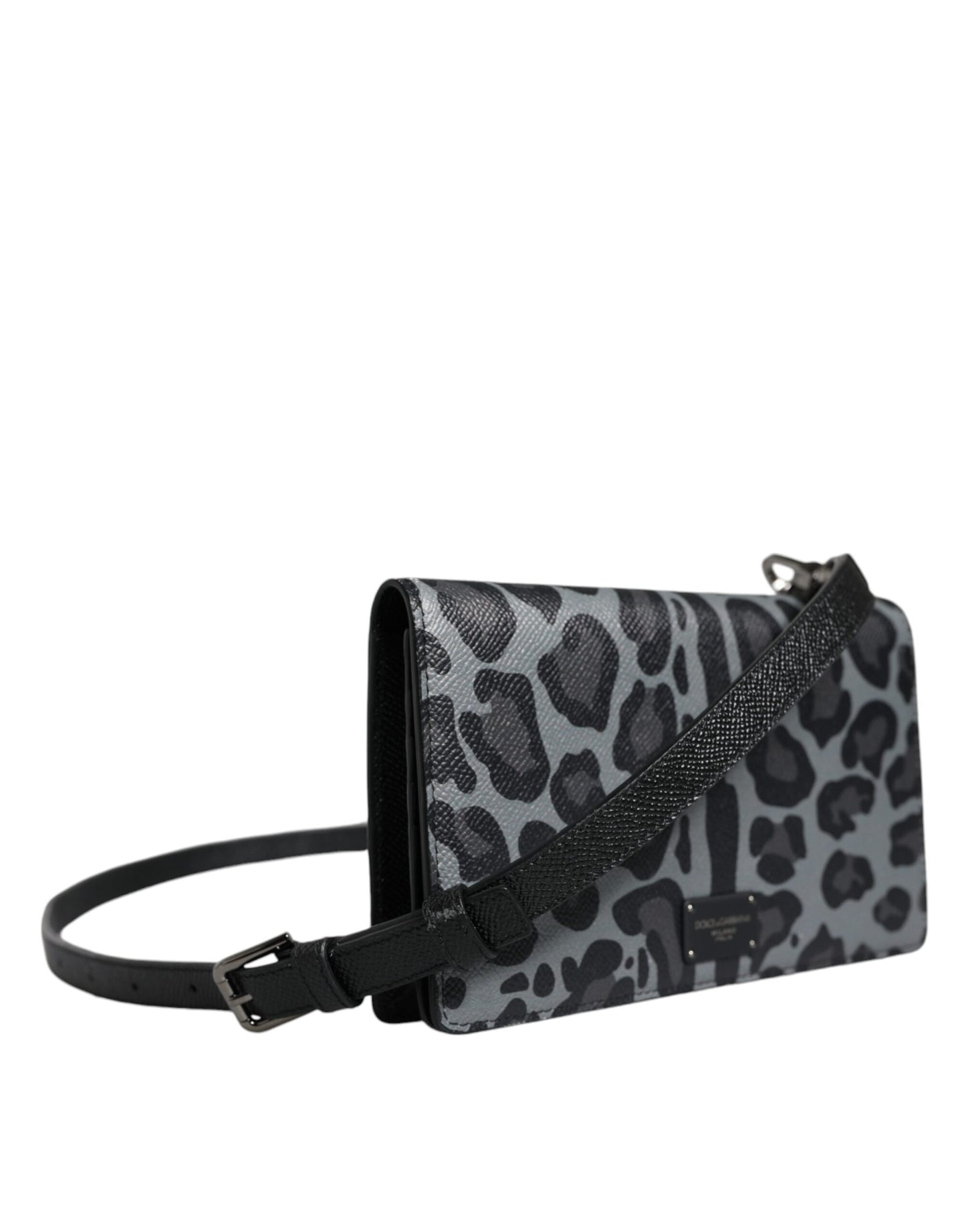 Dolce & Gabbana Black Gray Leopard Leather Bifold Card Slot Crossbody Bag | Fashionsarah.com