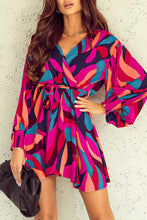 Load image into Gallery viewer, Red Abstract Printed Belted Puff Sleeve Mini Dress | Fashionsarah.com