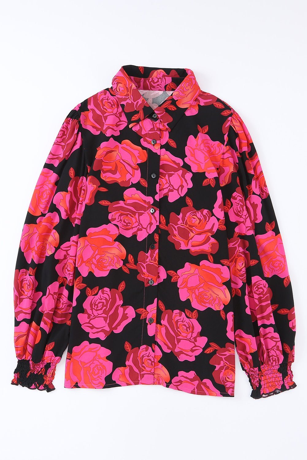 Fashionsarah.com Rose Floral Shirred Cuffs Shirt