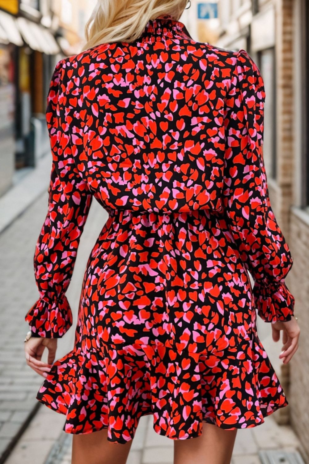 Heart Printed Mock Neck Flounce Sleeve Dress | Fashionsarah.com