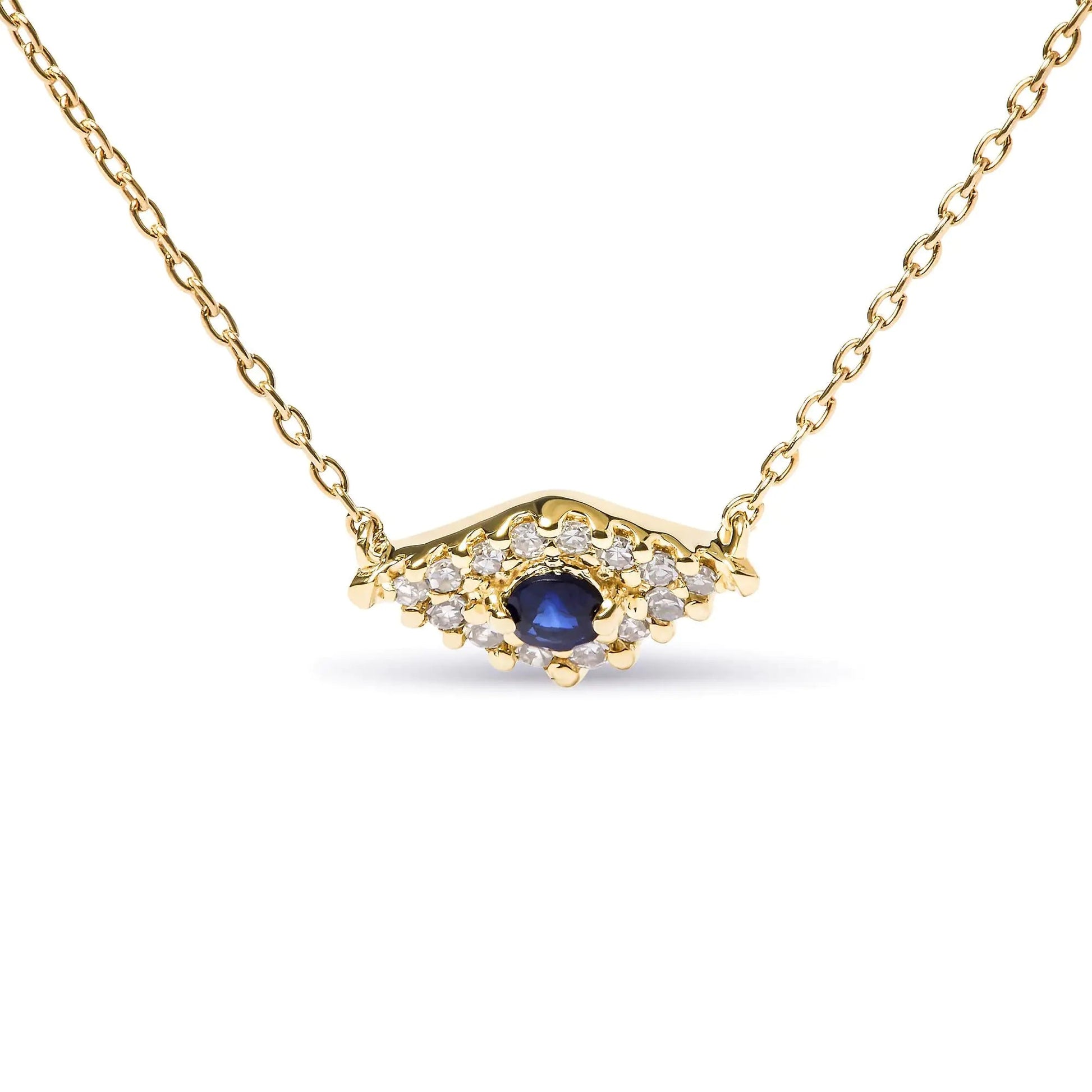 10K Yellow Gold Blue Sapphire and Diamond Accented Evil Eye 18" Inch Pendant Necklace (H-I Color, I1-I2 Clarity) | Fashionsarah.com