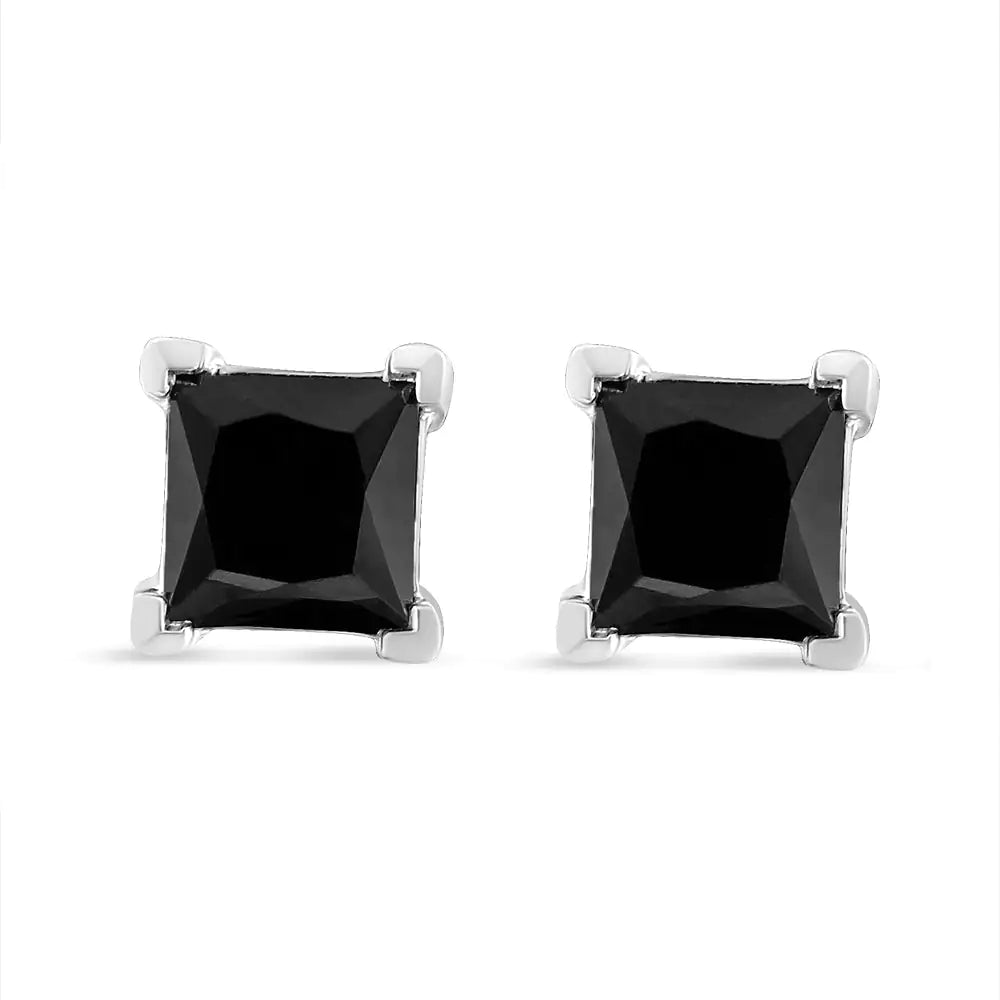 14K White Gold Princess-Cut Treated Black Diamond Classic 4-Prong Stud Earrings | Fashionsarah.com